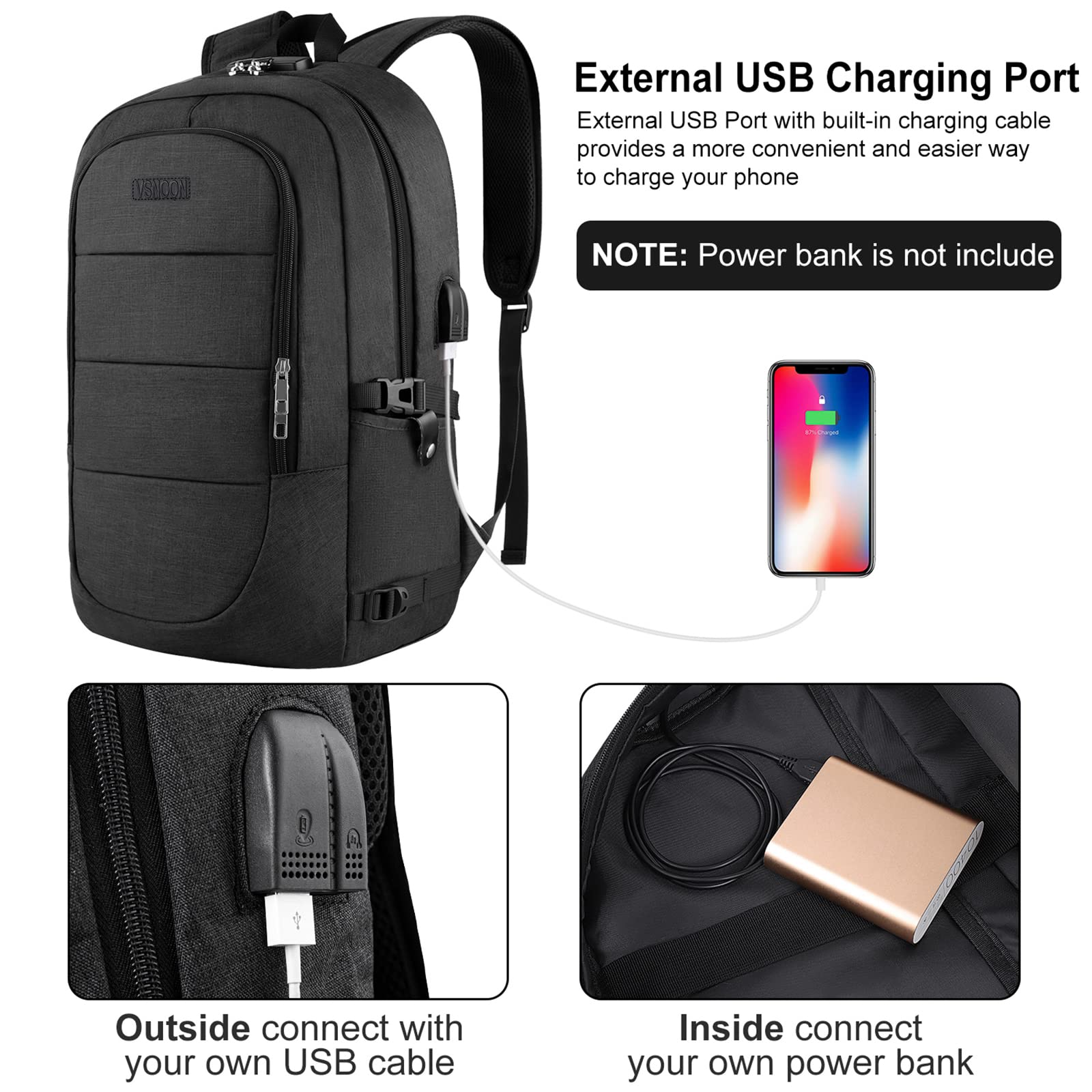 VSNOON Anti-Theft Laptop Backpack for 15.6-17.3 Inch Business & Travel, USB Charging Port & Lock, Water Resistant Computer Bag for Women & Men, Black – Ideal for Commuting, Work & Study
