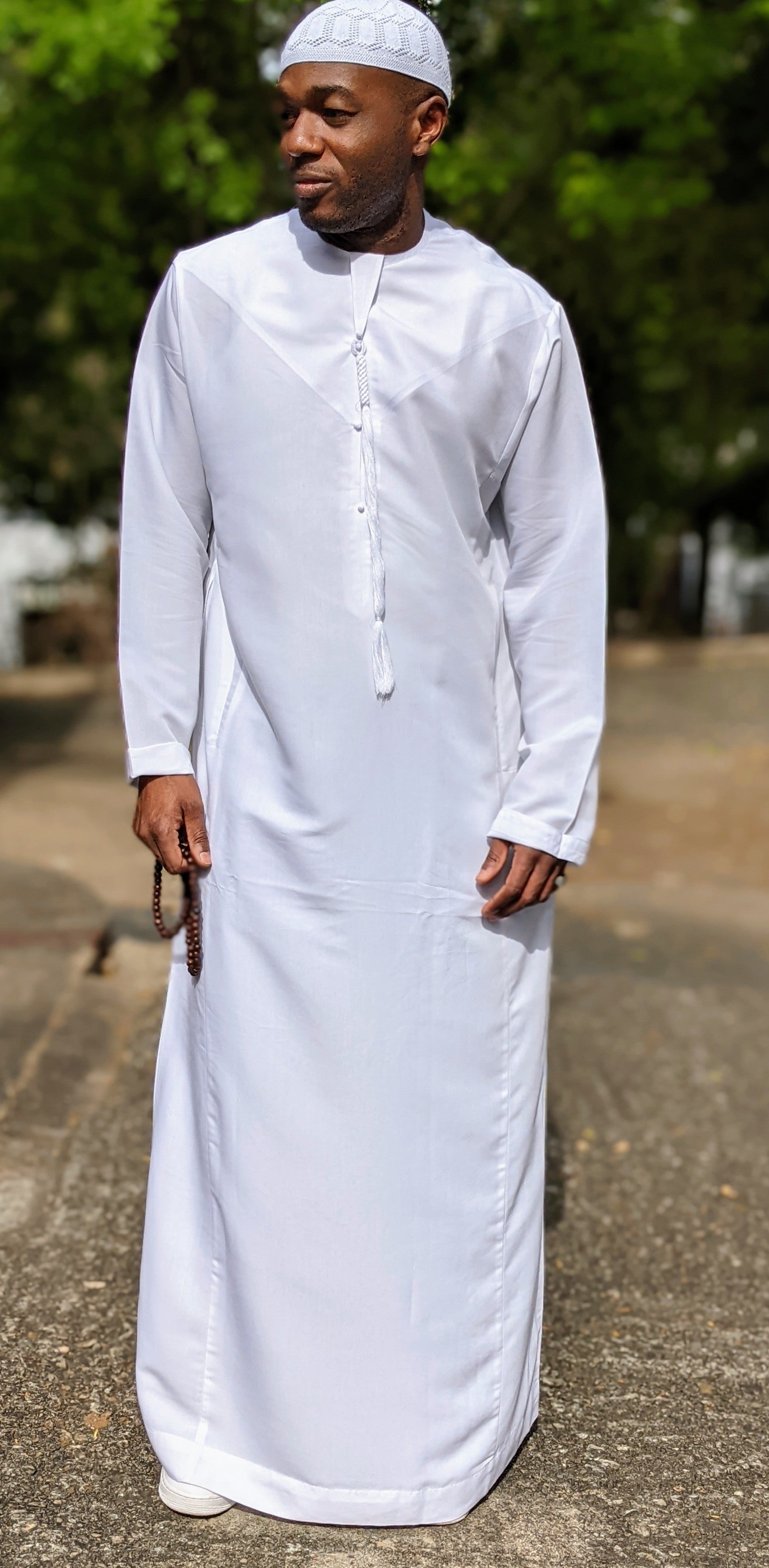 White Hamza Men's Long Sleeve African Senegalese Kaftan Dashiki Thobe DPMKW23 | Traditional Islamic & African Attire for Weddings, Eid, and Special Occasions