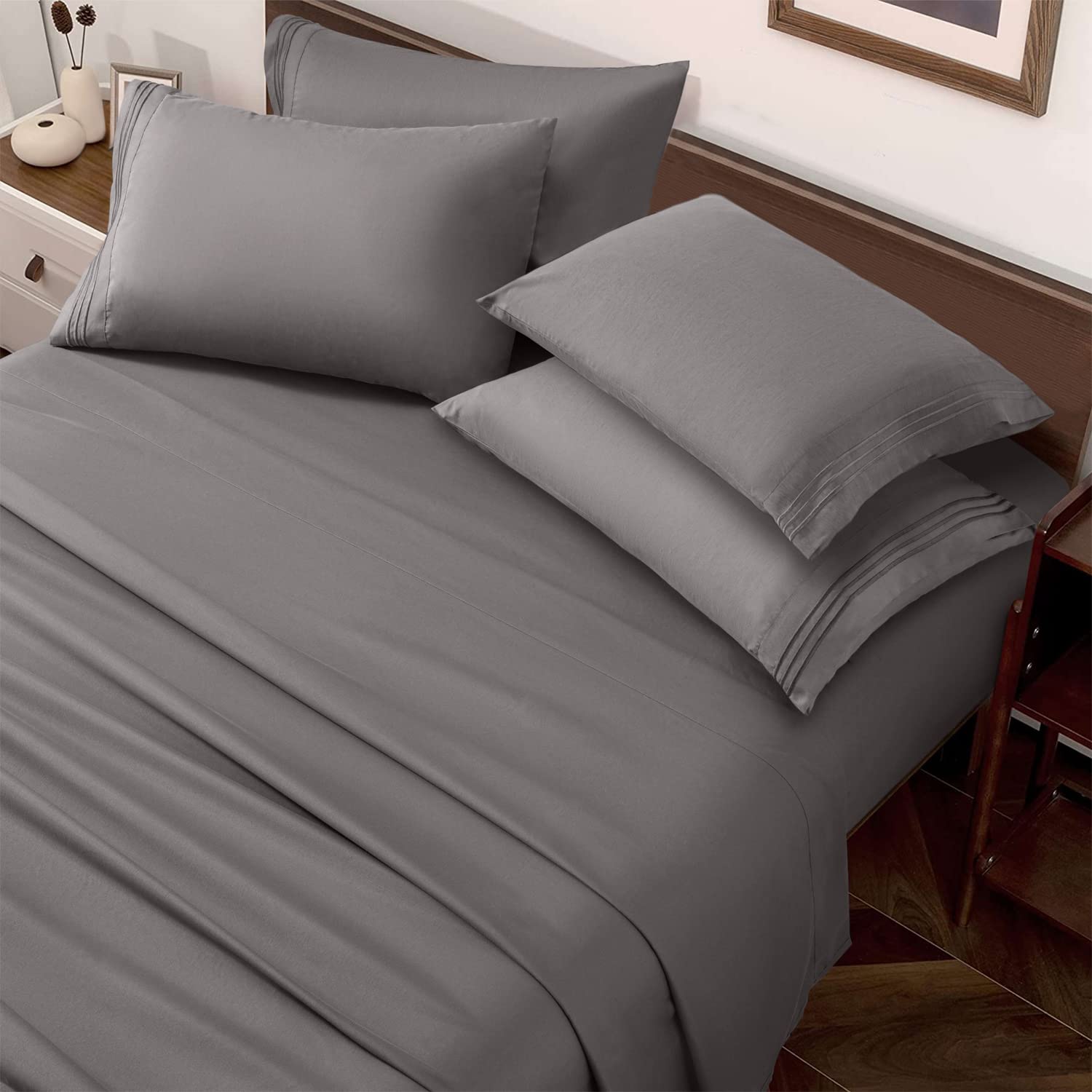 SAKIAO 6-Piece King Size Bed Sheet Set - Ultra Soft Brushed Microfiber 1800 Thread Count Percale Sheets with 16