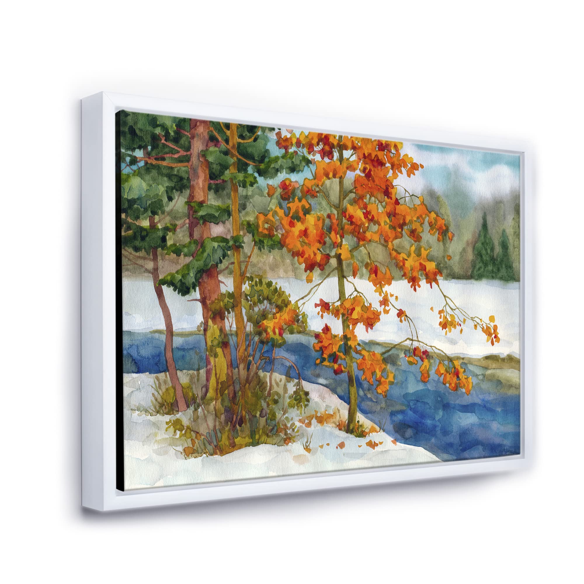 DesignQ Stream In The Winter Forest I - Lake House Framed Canvas Wall Art Print | Nature Landscape Painting for Living Room, Bedroom & Office Decor | Perfect Gift for Home & Holiday