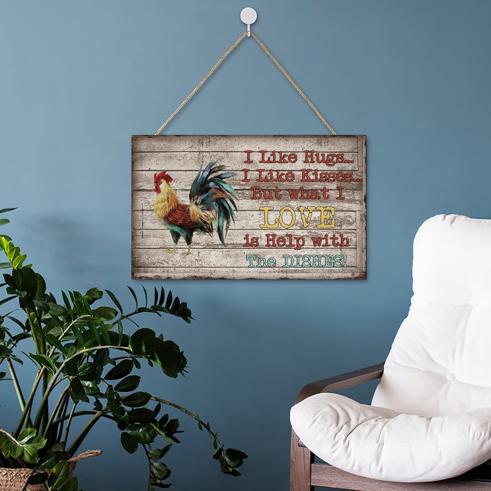 Rustic Rooster Wood Wall Art - Funny Chicken Coop Decor Sign 'I Like Hugs Kisses But What I Love Is Help with The Dishes' - Farmhouse Kitchen & Yard Decoration (10x16 inches) - Perfect for Country Homes, Farmhouse Kitchens, and Outdoor Chicken Coop Decor
