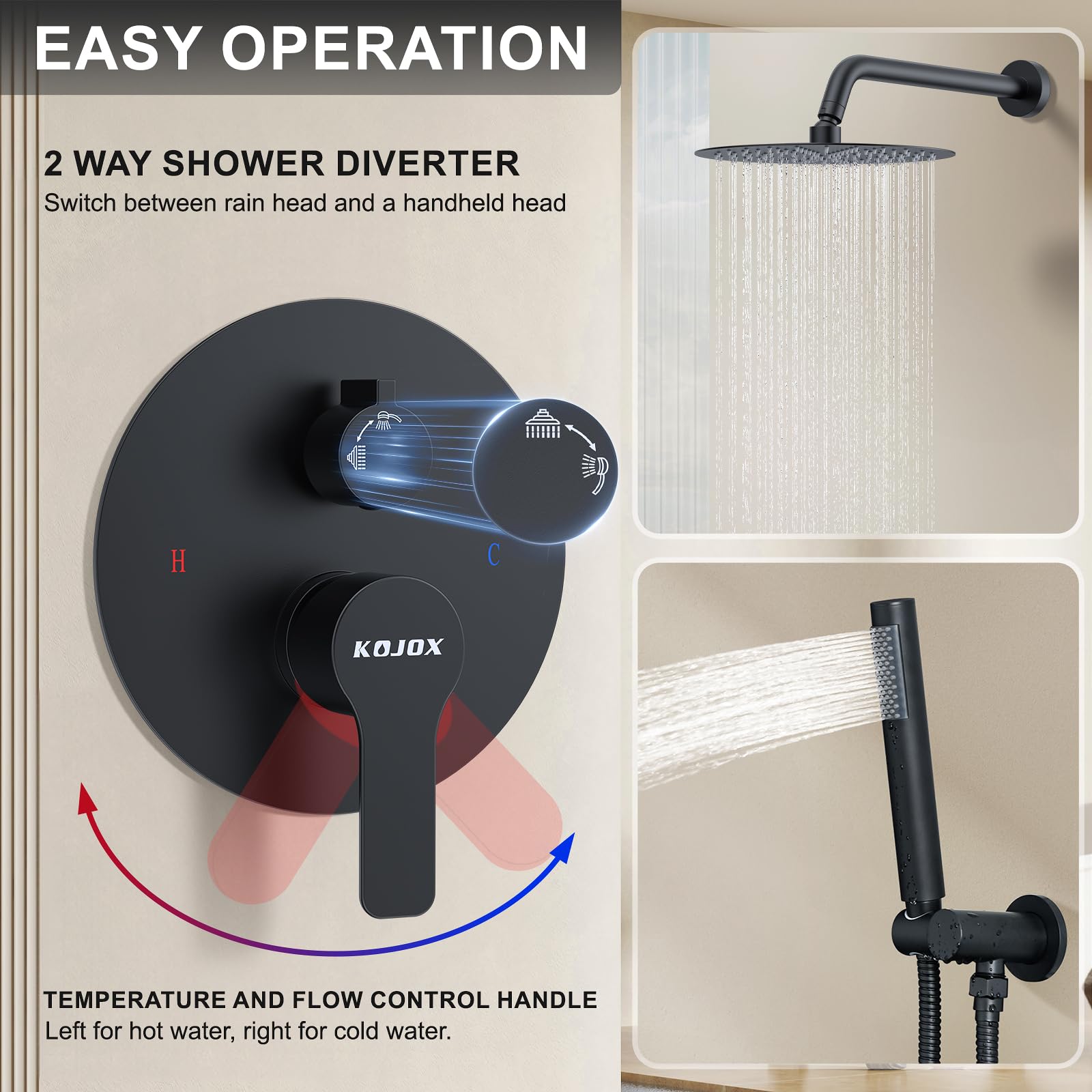 10 Inch Matte Black Shower System - High Pressure Rain Shower Head & Handheld Shower Combo, Wall Mounted Bathroom Mixer Faucet with Rough-in Valve & Trim Kit - Perfect for Modern Spa-Like Bathroom Experience