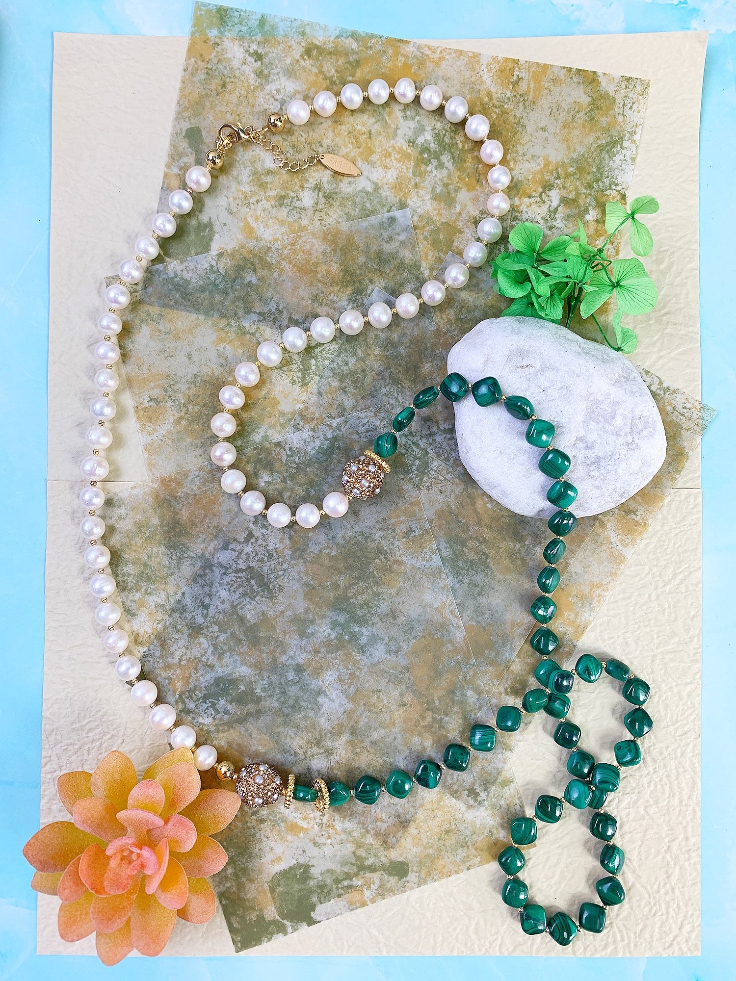 Elegant Malachite & Freshwater Pearls Multi-Way Adjustable Necklace GN014 | Boho Chic Jewelry for Women, Perfect for Parties & Everyday Wear