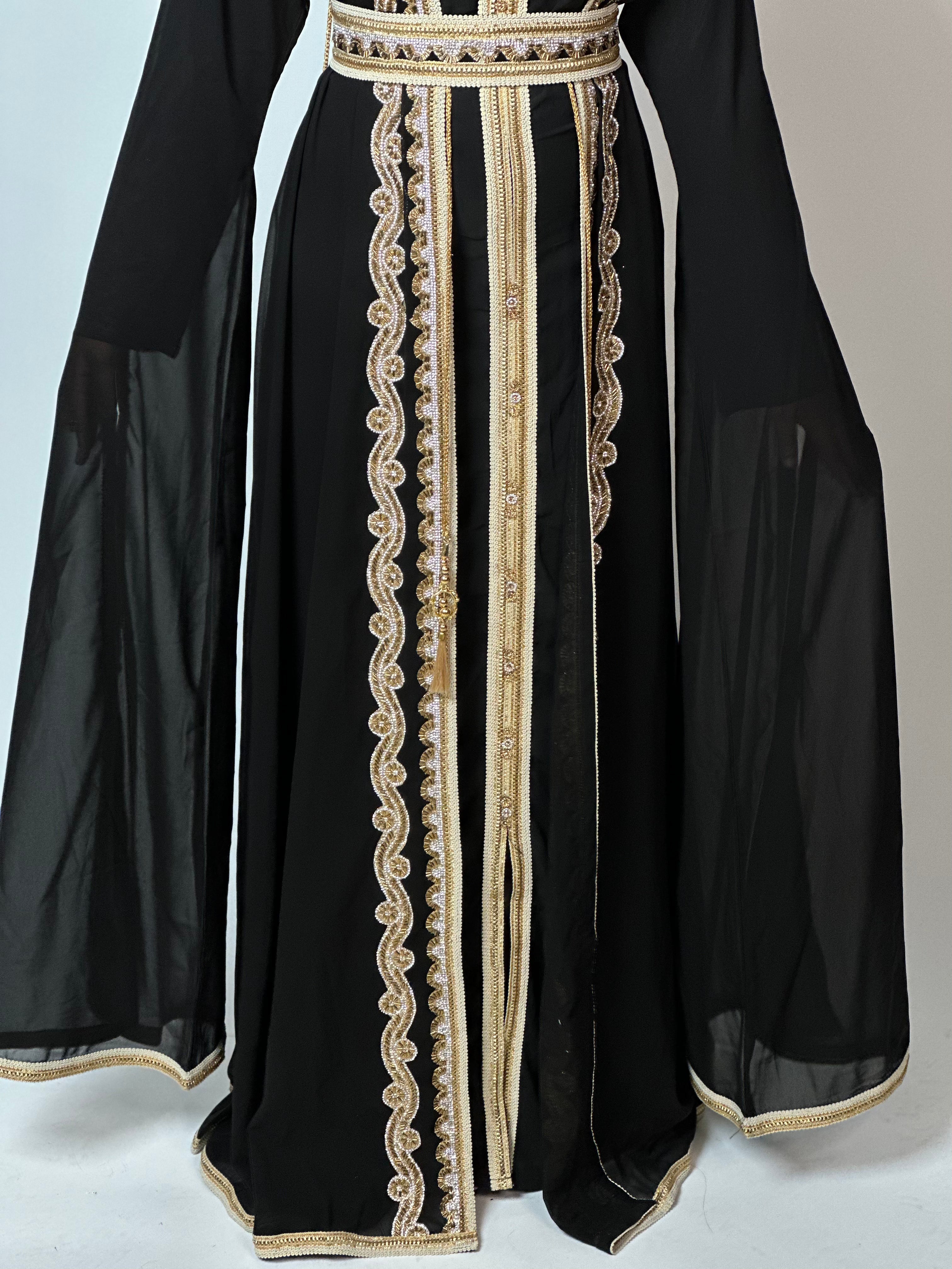 Elegant Black & Gold Khaleej Kaftan - Traditional Middle Eastern Dress for Women - Perfect for Weddings, Parties, and Special Occasions