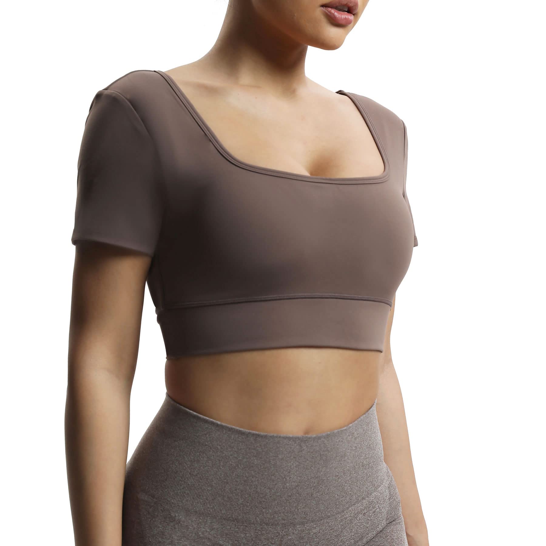 Aoxjox Women's Short Sleeve Crop Top - Nancy Longline Square Neck V Back Workout Shirt | Gym, Yoga & Summer Casual Wear
