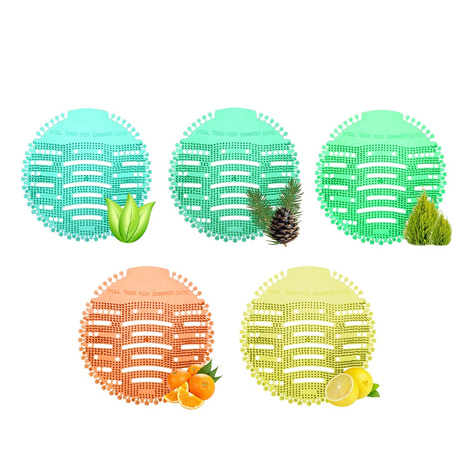 Zureni Scented Urinal Screen - 5 Pack Anti-Splash Toilet Deodorizer with Air Freshener for Men's Restroom (Pine, Lemon, Orange, Natural Breeze Fragrance) - Bathroom Odor Control & Splash Protection for Home, Office & Public Restrooms