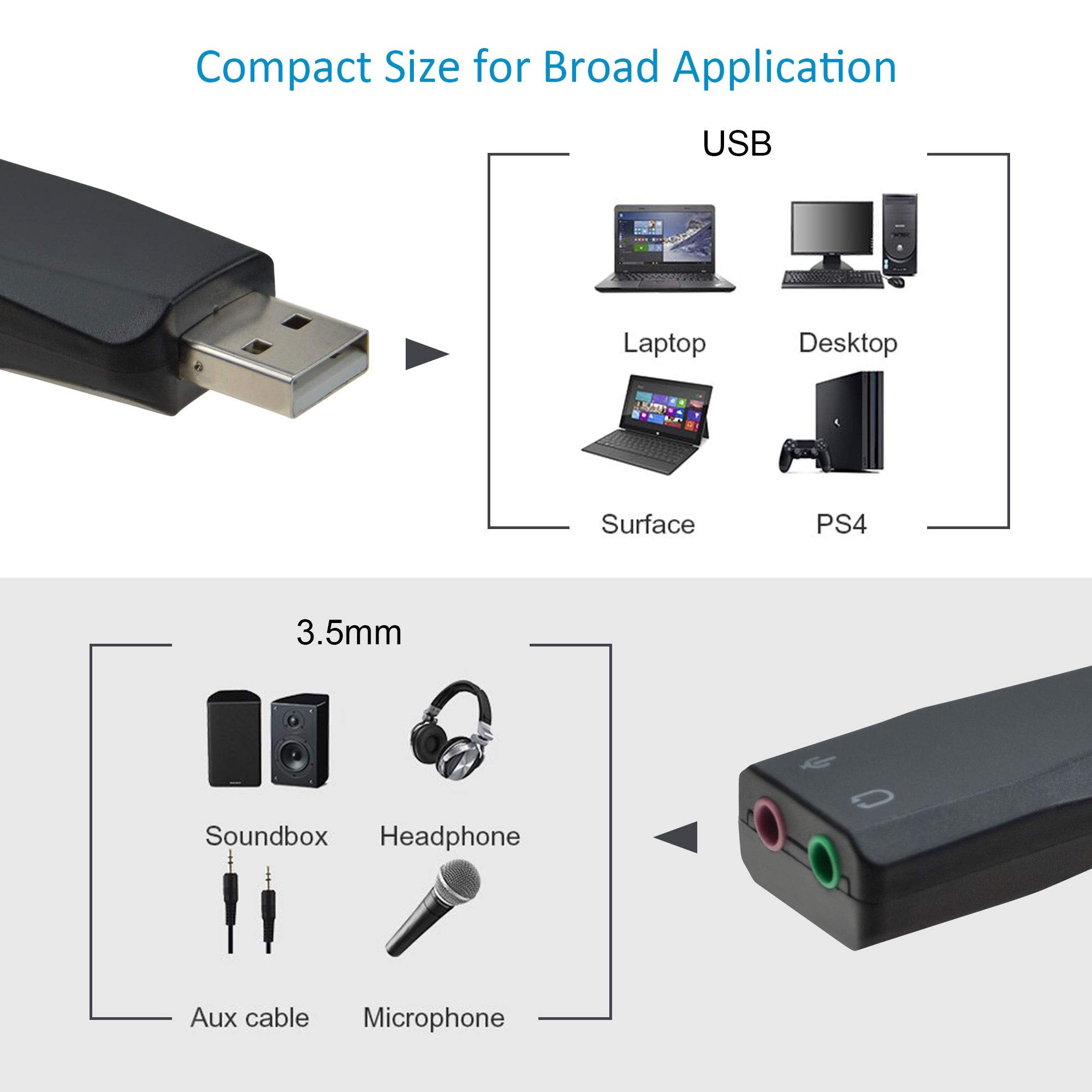 ADWITS External USB 3D Stereo Audio Adapter with 3.5mm Jack - Plug & Play USB Sound Card for Microphone & Headset - Compatible with Windows, Mac OS, Linux & PS4 - Perfect for Gaming, Streaming & Video Conferencing