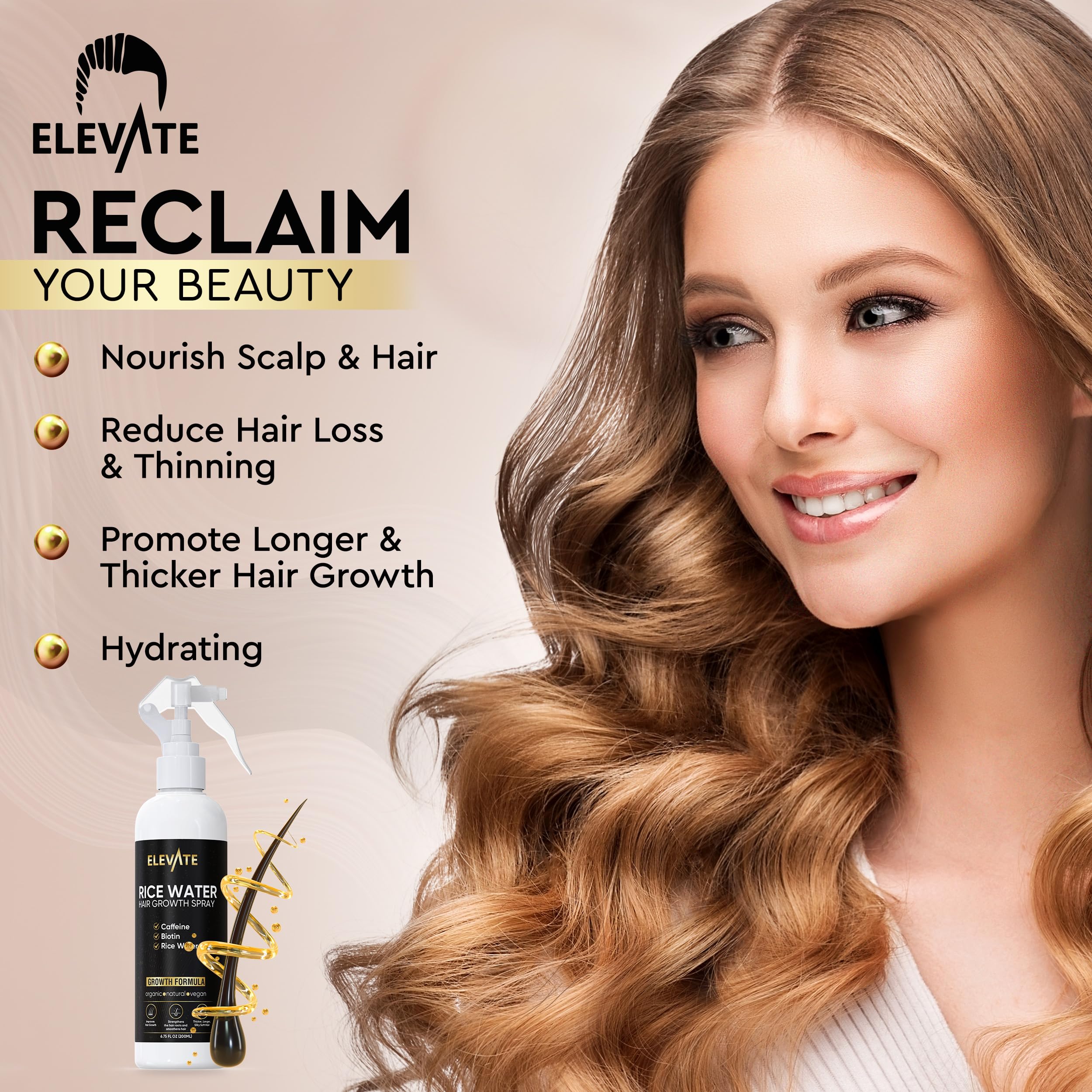 Elevate Rice Water Hair Growth Spray with Biotin, Caffeine & Aloe Vera - Thickening & Nourishing Leave-In Treatment for Thinning, Damaged Hair - Vegan, Non-Greasy Formula for Longer, Softer Locks - Perfect for Daily Hair Care Routine & Styling