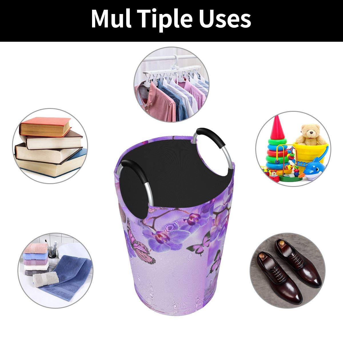 Dujiea 82L X-Large Collapsible Laundry Hamper with Aluminum Handles - Purple Butterfly Design, Tall Round Clothes Storage Basket for Kids, Dorm Room, Bedroom & Bathroom Organization