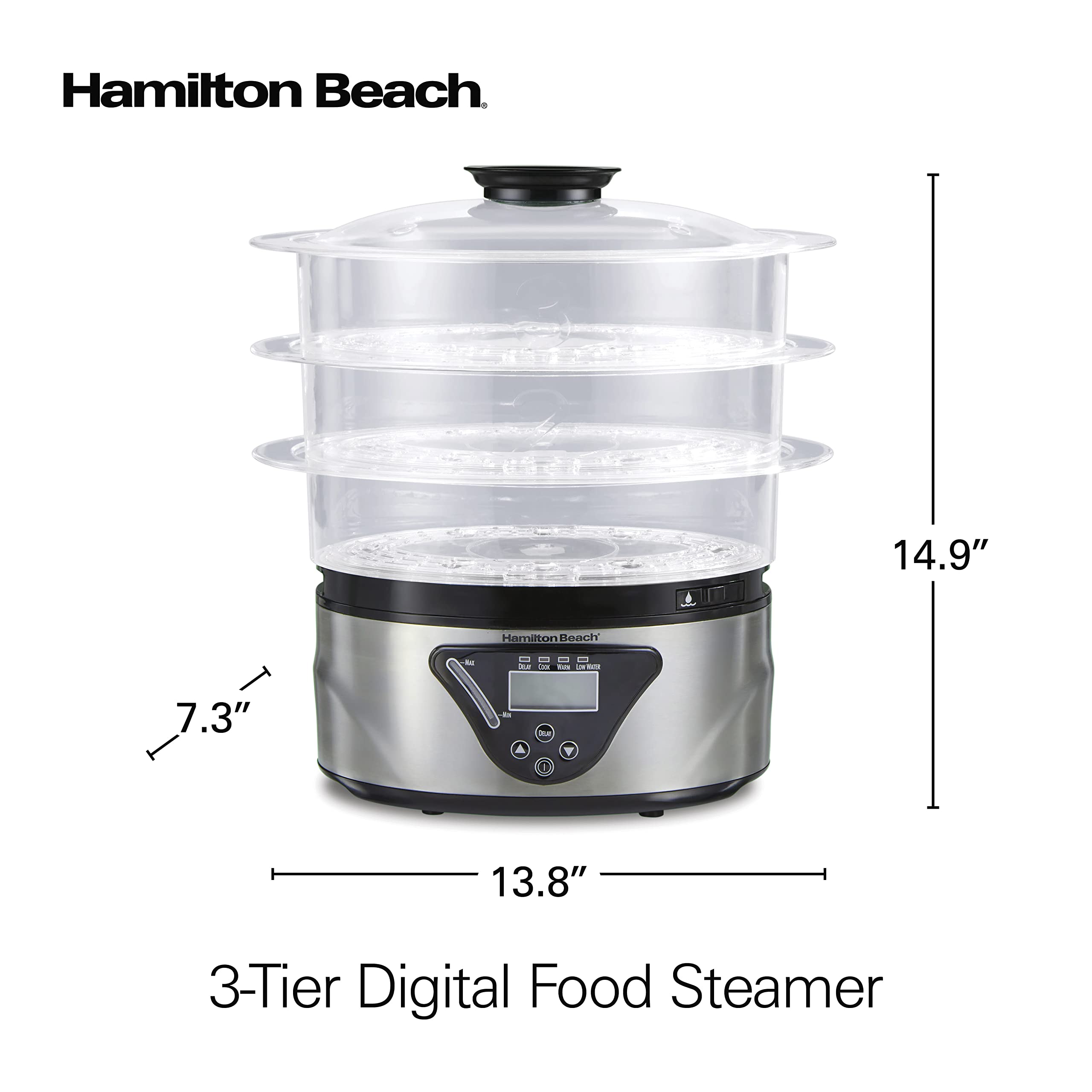 Hamilton Beach 8.25 Quart Digital Electric Food Steamer & Rice Cooker - 3-Tier Stackable Baskets for Vegetables, Seafood & Healthy Meals - Stainless Steel & Black - Perfect for Meal Prep, Dorm Cooking & Family Dinners