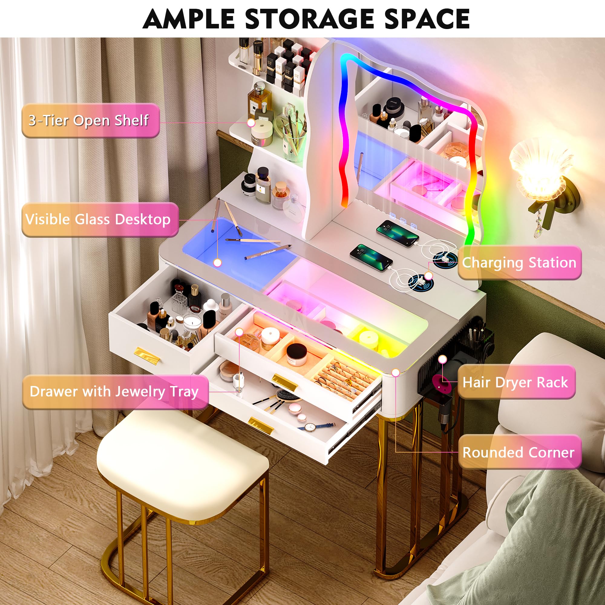 RGB Makeup Vanity Desk with Wireless Charging Station - 7 Dynamic & 7 Static Dimmable LED Lights, Glass Top Vanity Table with Auto Sensor Mirror & Stool - Perfect for Bedroom, Dressing Room & Beauty Salon Makeup Setup
