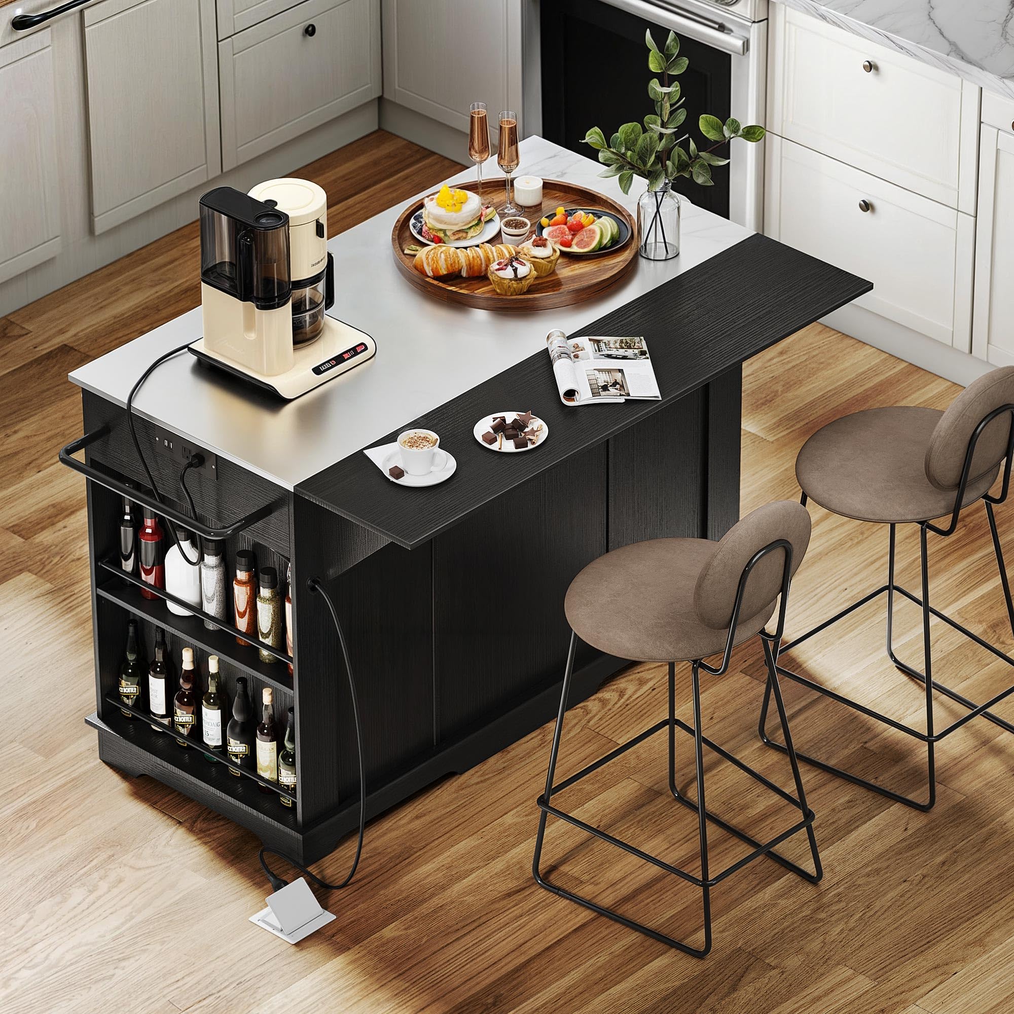 YITAHOME 60 Inch Kitchen Island with Stainless Steel Top & Power Outlet - Mobile Kitchen Cart with Drop Leaf, Storage Drawers & Wheels - Black Metal Countertop Island for Small Spaces & Apartment Cooking - Perfect for Meal Prep, Baking & Extra Counter Space