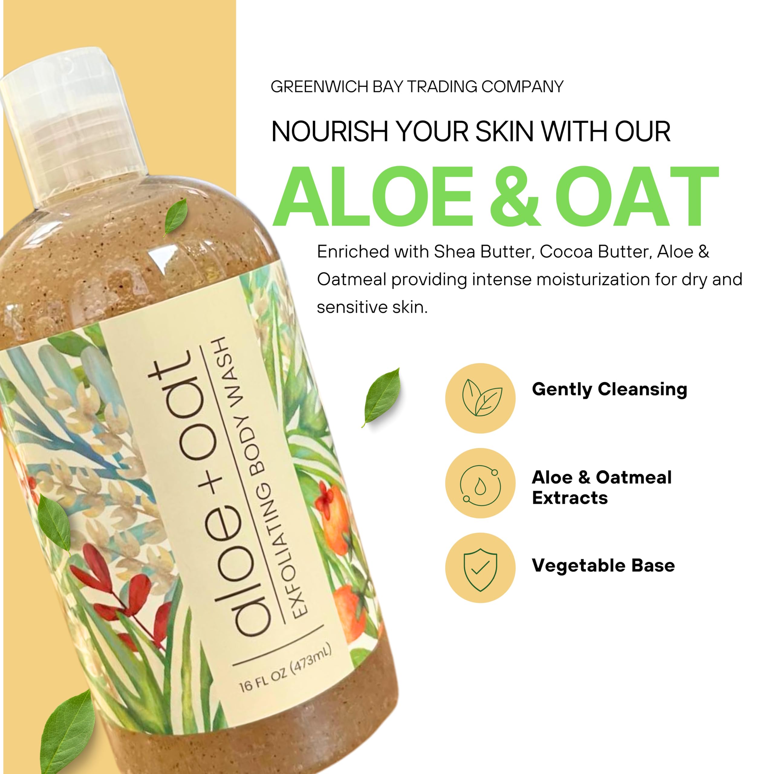 Greenwich Bay Trading Company Aloe & Oat Exfoliating Body Wash - 16oz Natural Moisturizing & Exfoliating Shower Gel for Dry, Sensitive Skin - Perfect for Daily Use & Spa-Like Experience at Home
