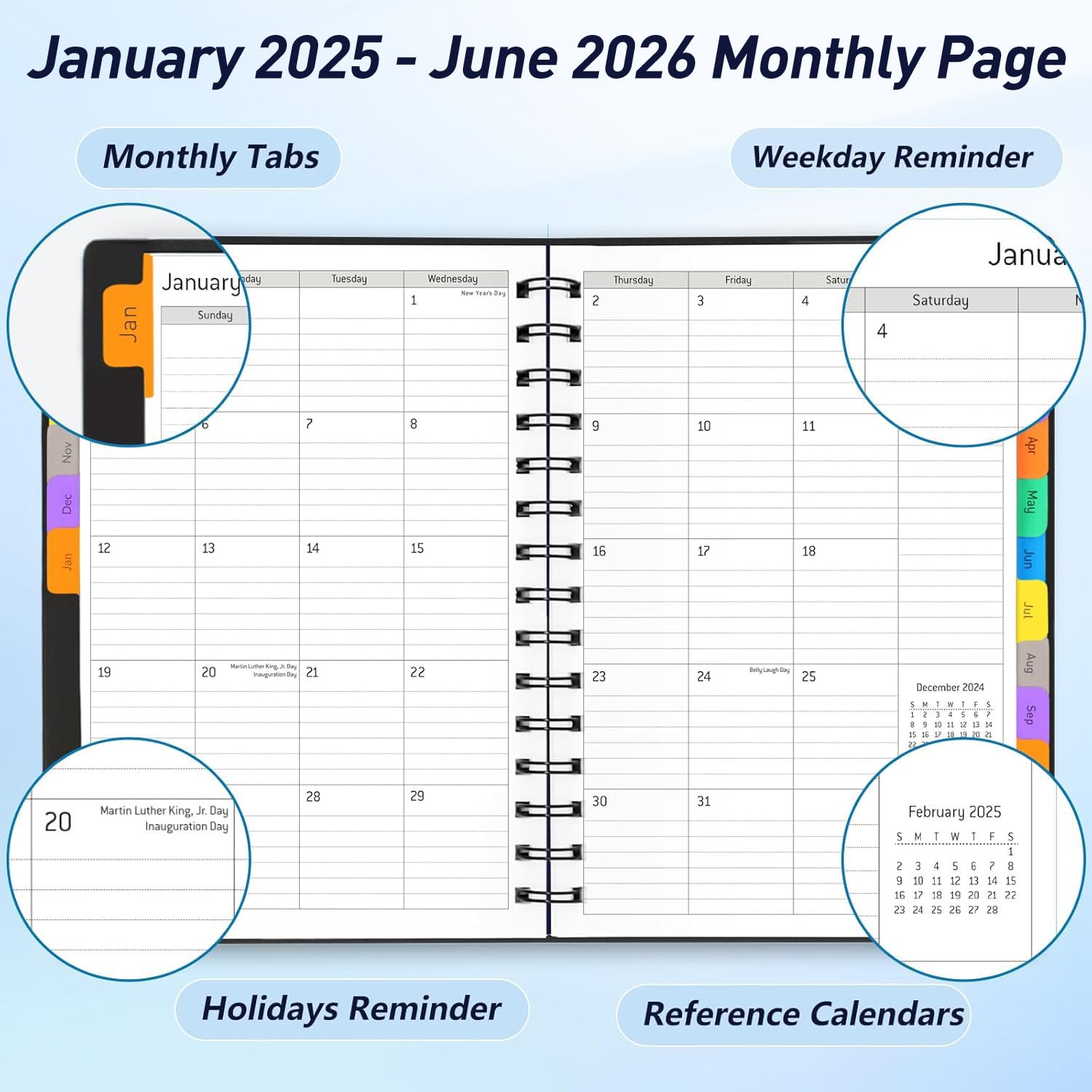 2025-2026 18-Month Daily Planner with Tabs - Spiral Bound Calendar Organizer for Yearly, Monthly & Weekly Planning (Jan 2025-Jun 2026) | Flexible Cover, 100GSM Thick Paper, A5 Size | Perfect for Work, School & Personal Time Management | Black