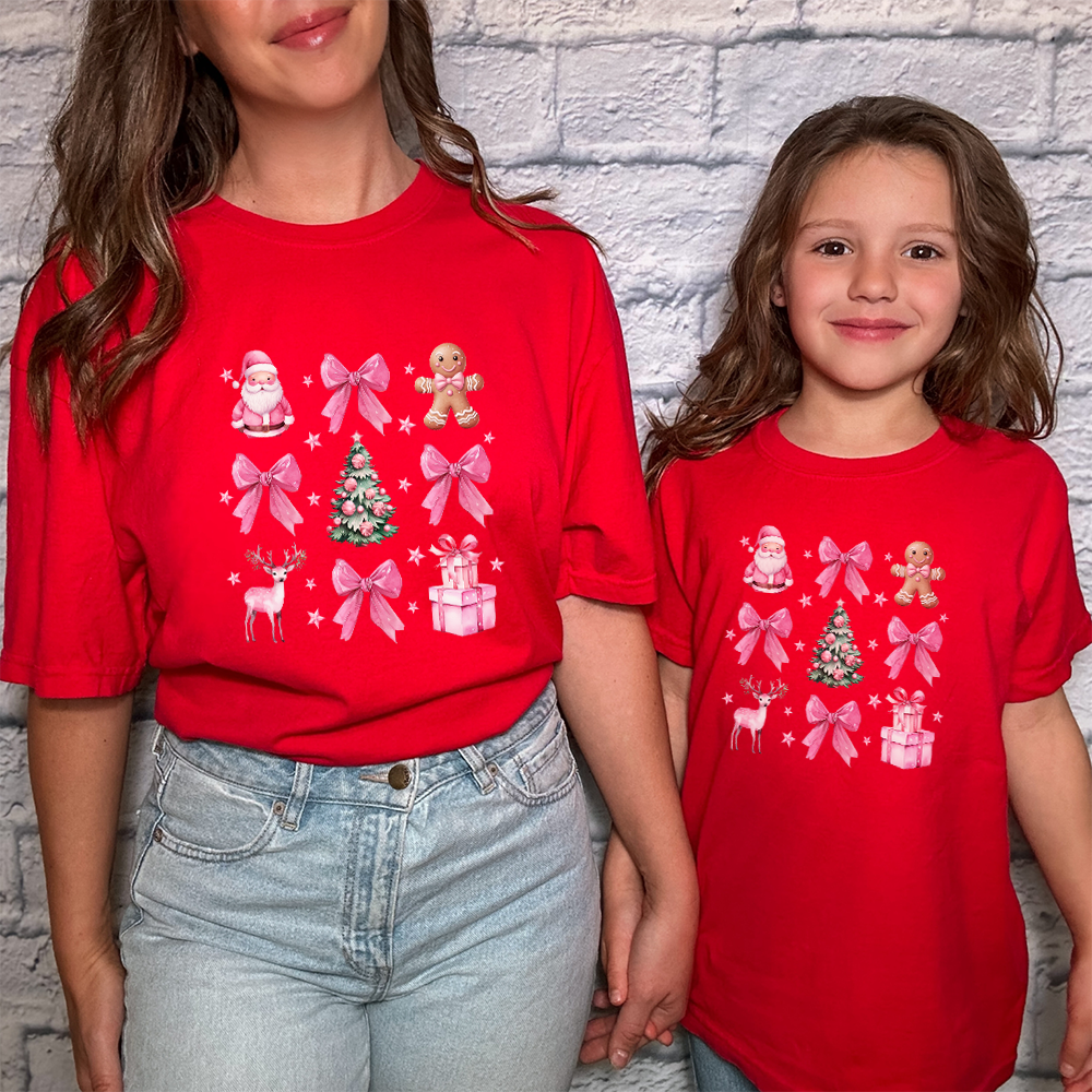 Coquette Christmas Icons Matching T-Shirts for Mom and Kids - Perfect for Family Holiday Photos & Festive Outfits