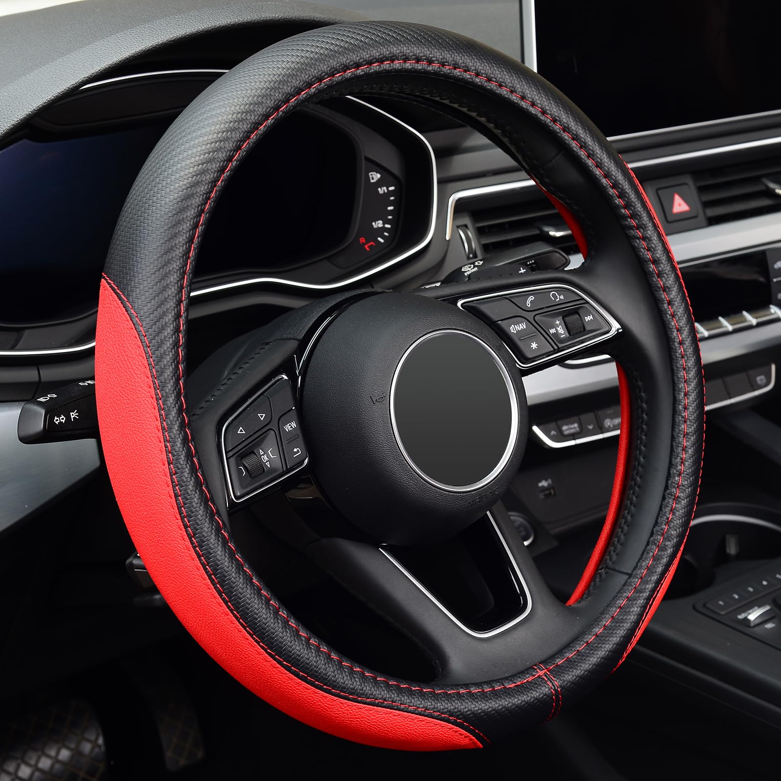 Premium Microfiber Leather Steering Wheel Cover - Universal 15 Inch Anti-Slip Grip for Cars, SUVs & Trucks (Red) - Perfect for Commuting, Road Trips & Enhanced Driving Comfort