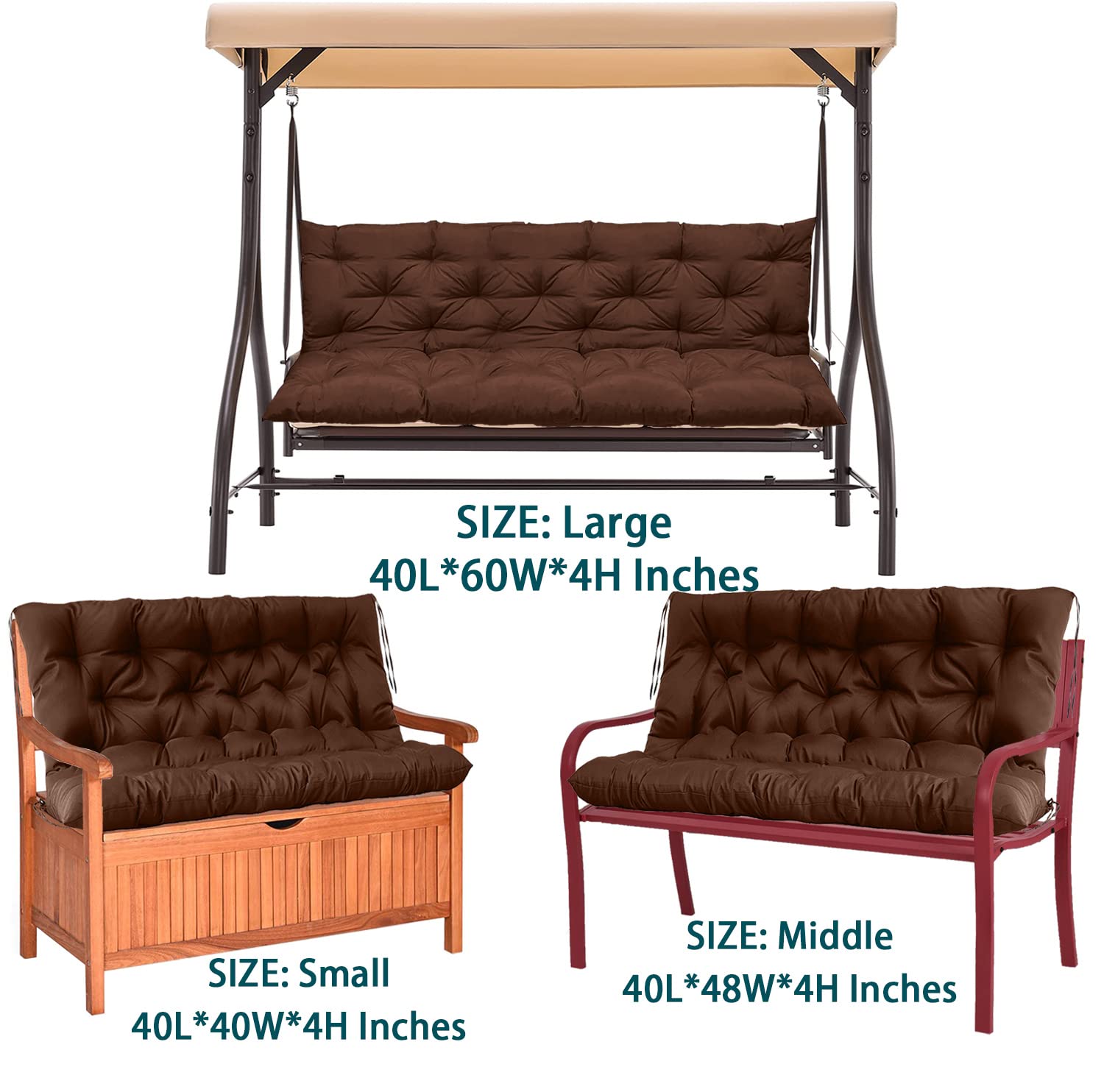 Waterproof Swing Replacement Seat Cushions for Outdoor Furniture - 2-3 Seater Bench Cushions with Backrest (Brown, 40x40in) - Perfect for Garden Swings, Patio Recliners & Porch Sofas
