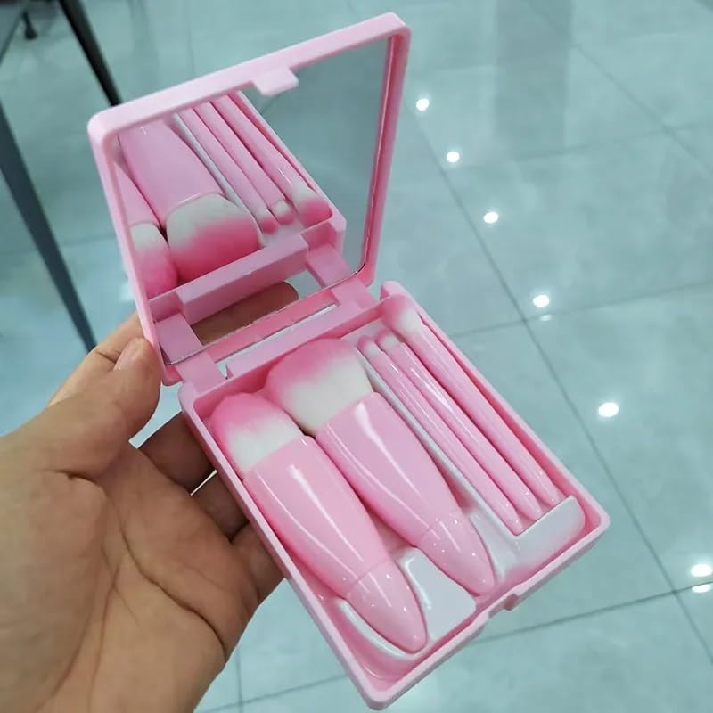 5-Piece Mini Travel Makeup Brush Set with Mirror - Compact Cosmetic Brushes for Foundation, Powder, Concealer, Eyebrow, Eyeshadow, Blush & Lip Gloss | Perfect for On-the-Go Touchups, Travel Kits & Small Makeup Bags