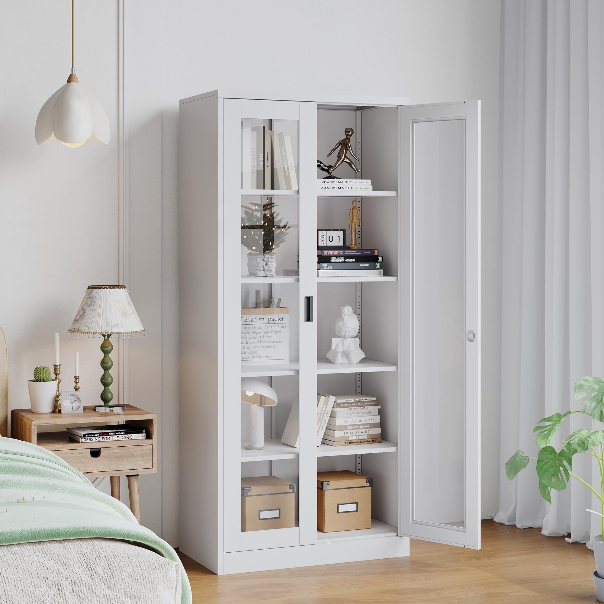 Tall Display Storage Cabinet with Tempered Glass Door - 4 Adjustable Metal Shelves for Home Office, Living Room & Study - White | Perfect for Organizing Books, Decor & Office Supplies