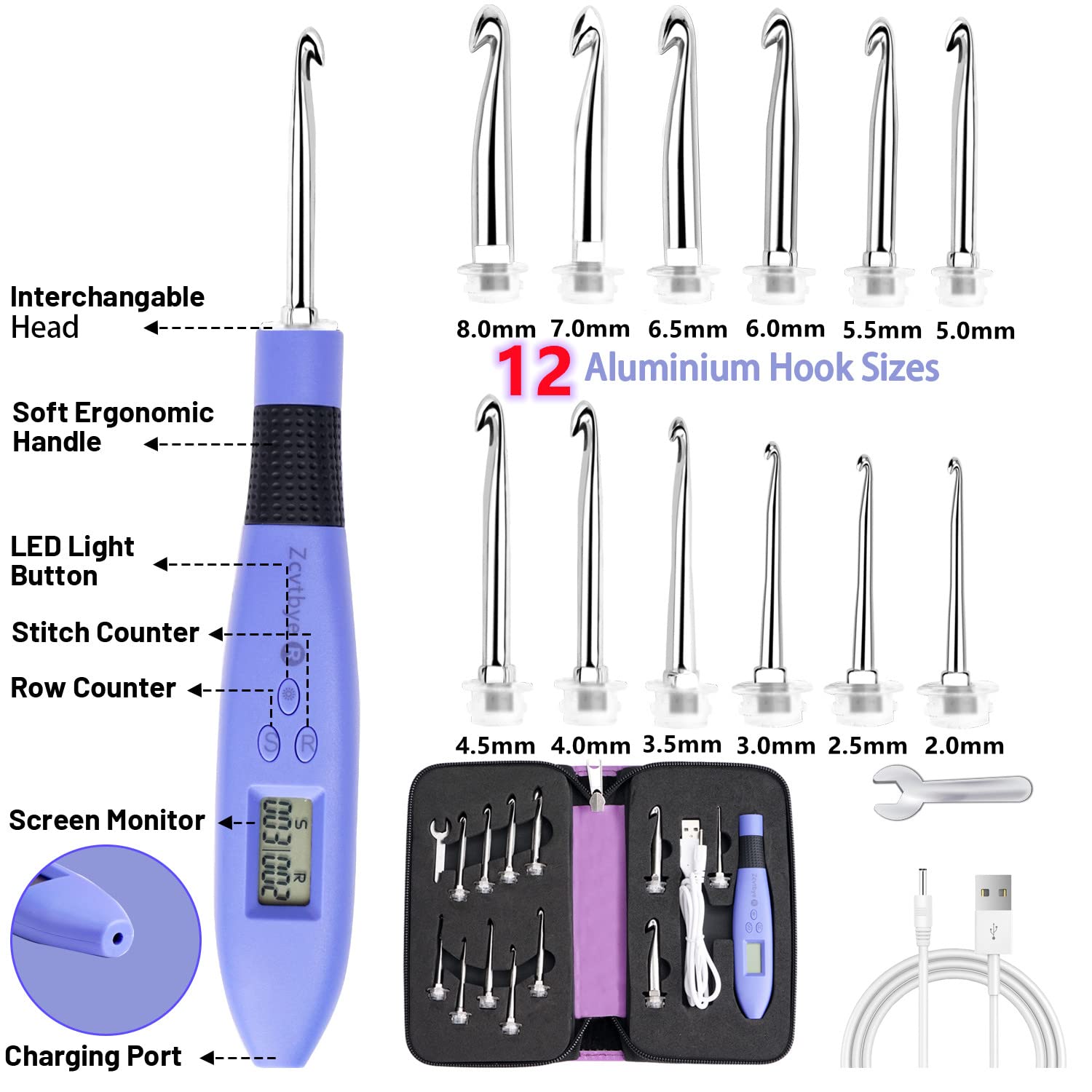 Zcvtbye 12-Piece Illuminated Crochet Hook Set with Stitch Counter - Ergonomic Light-Up Knitting Needles for Night Crafting (Blue, 12 Sizes) - Perfect for Beginners, Amigurumi & Low-Vision Crocheters