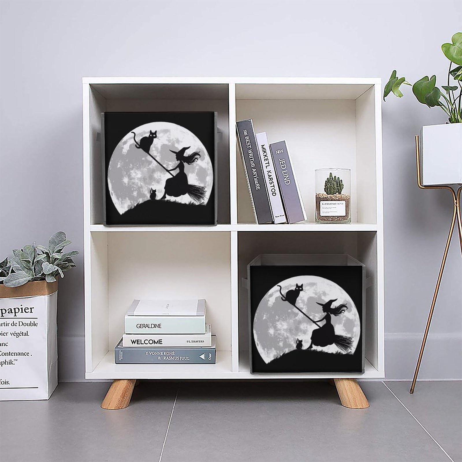 Flying Witch on Broomstick Halloween Storage Bins - 2-Pack Foldable Storage Cubes with Handles for Home Organization | Perfect for Closet, Bathroom & Toy Storage (Black Cat & Full Moon Design)