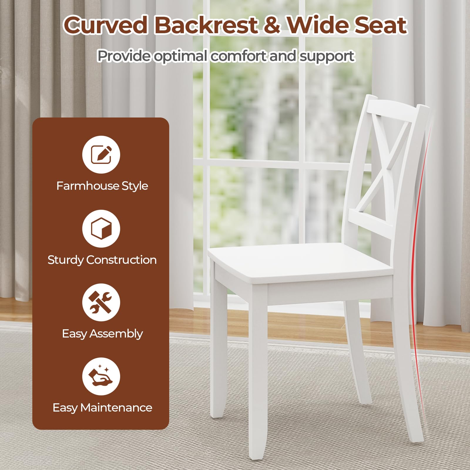 Giantex Set of 4 White Wooden Dining Chairs - Armless Kitchen Chairs with Rubber Wood Legs & Curved Backrest - Farmhouse Cross Back Design - Sturdy 400 LB Capacity - Perfect for Dining Room, Kitchen, Restaurant, and Cafe Use