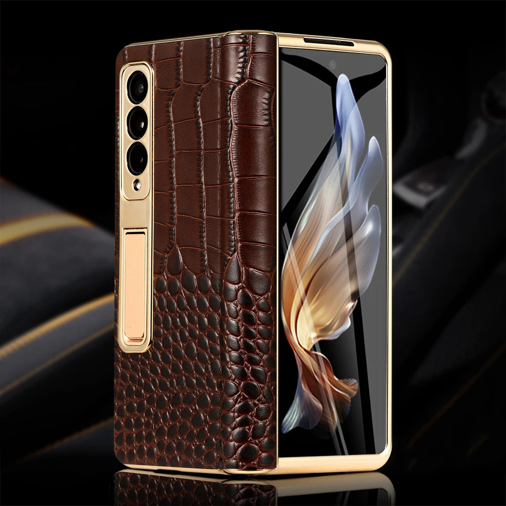 Premium Real Leather Phone Case for Samsung Galaxy Z Fold 6 with Hinge Kickstand - Slim Protective Cover for Work, Travel & Everyday Use