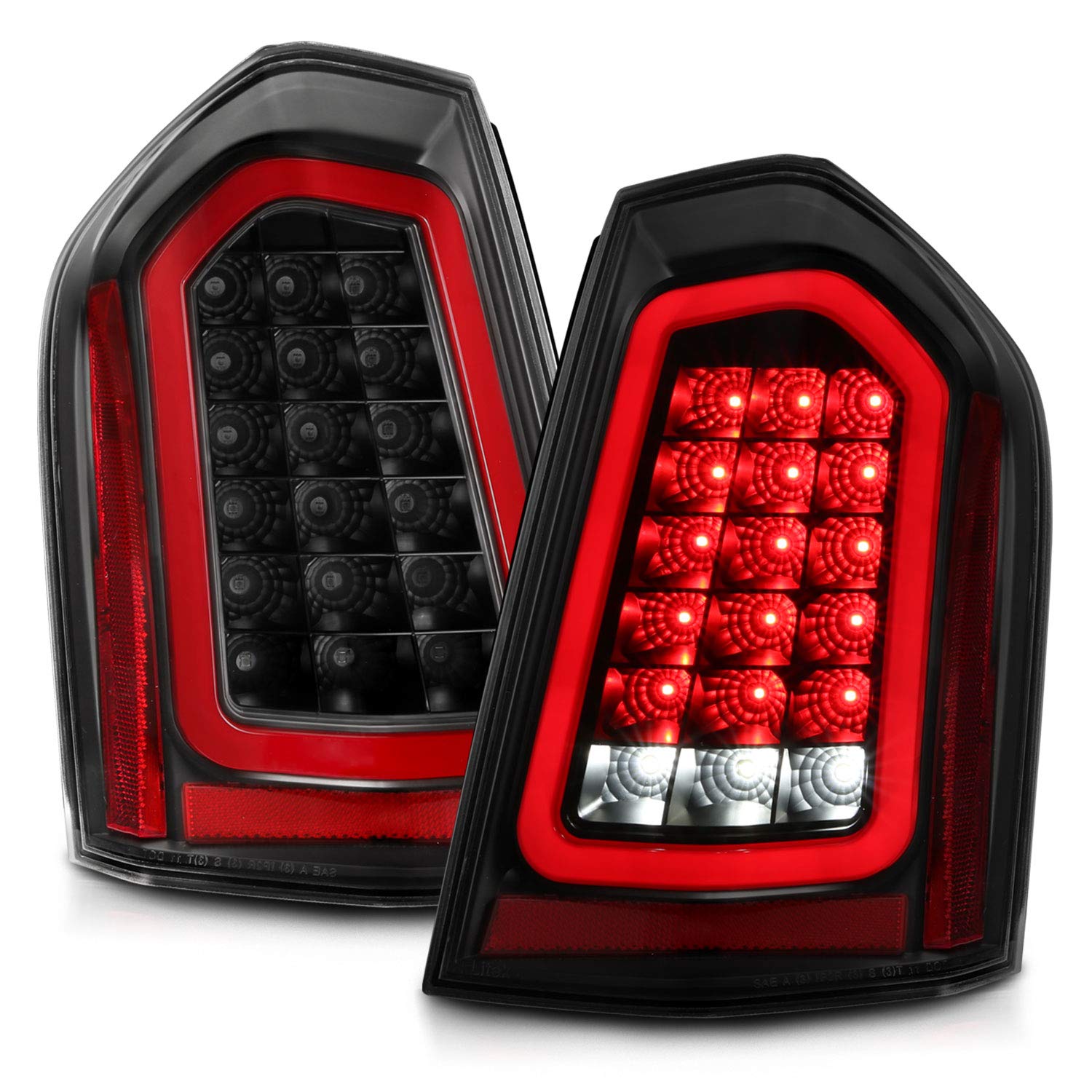AmeriLite Black Full LED Sequential Turn Signal Tail Lights - Clear Lens Red Tube for 2011-2014 Chrysler 300 (Pair, Left & Right Side) - Upgrade Your Car's Style & Safety for Night Driving & Custom Look