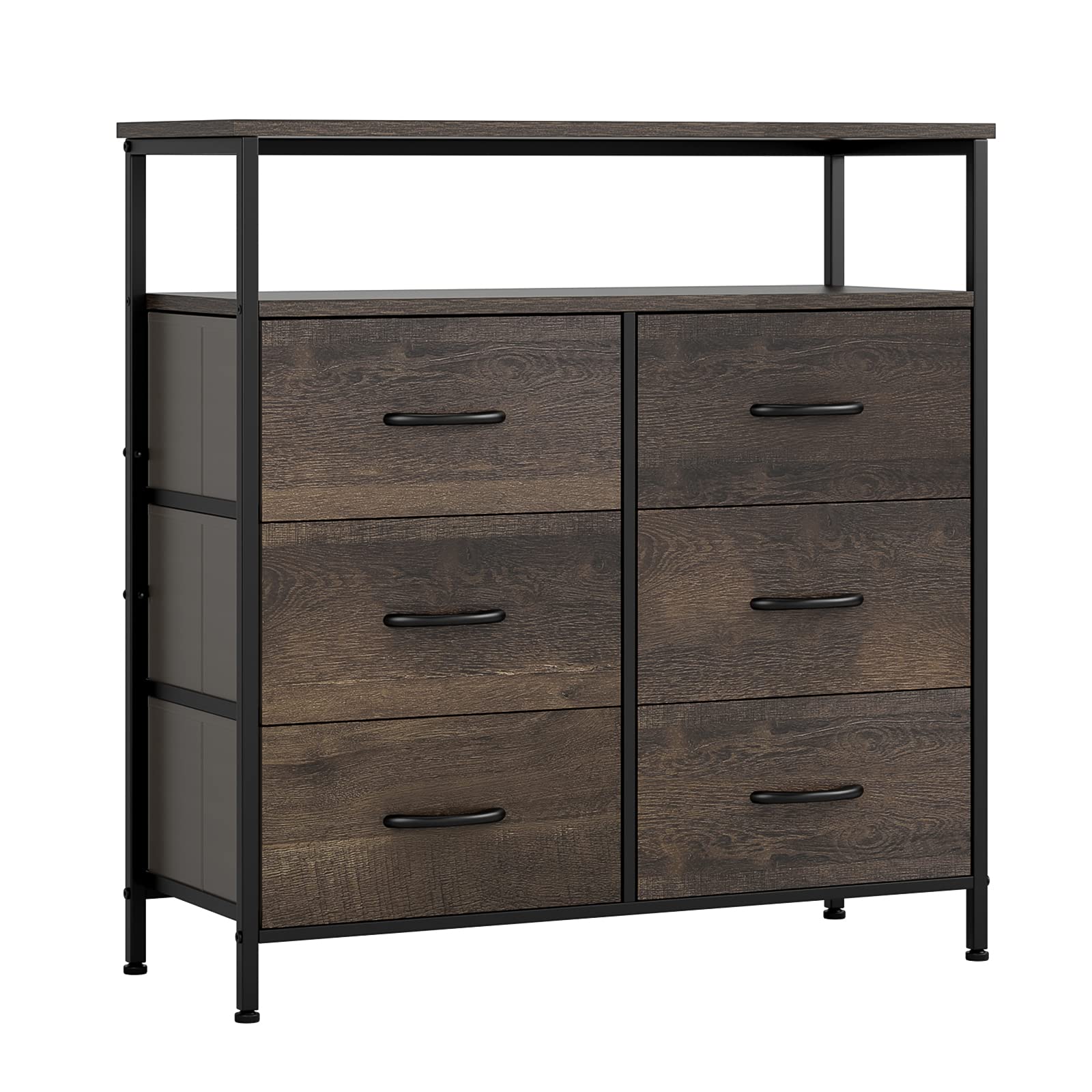 6-Drawer Fabric Dresser with 2-Tier Wood Shelves - Industrial Storage Cabinet for Bedroom, Living Room, Hallway - Dark Brown Nightstand & Closet Organizer for Home Decor and Storage Solutions