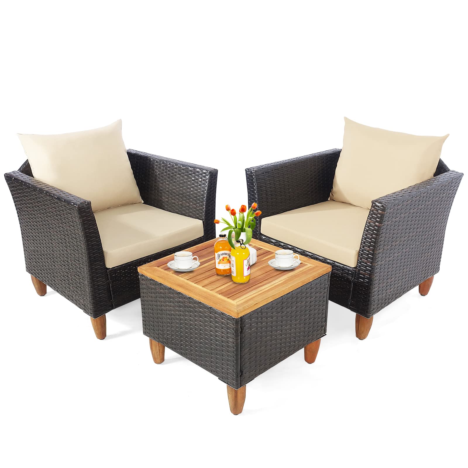Tangkula 3-Piece Outdoor Patio Furniture Set - PE Wicker Bistro Set with Acacia Wood Frame & Soft Cushions - Perfect for Porch, Balcony, Garden & Backyard Relaxation (Beige)