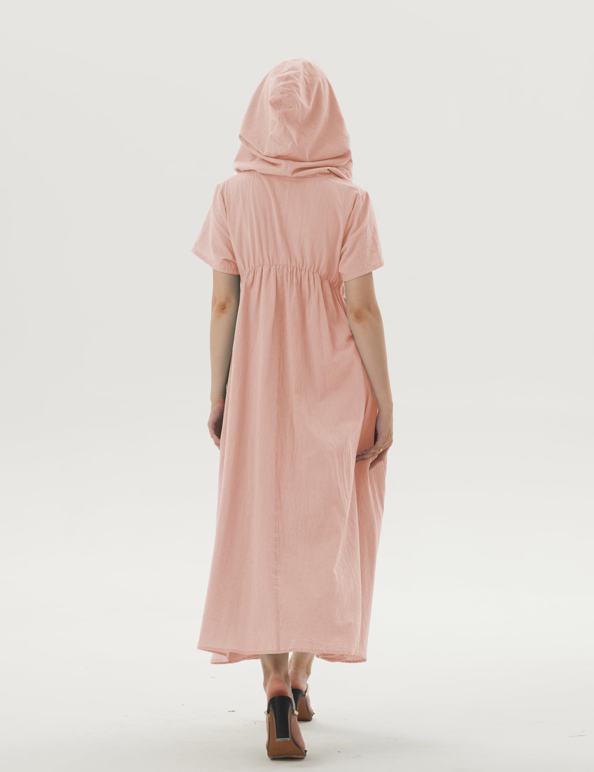 Women's Linen Hooded A-Line Maxi Dress with Pockets - Short Sleeve Casual Loose Fit Summer Dress (Size S, Peach) for Beach, Vacation & Everyday Wear