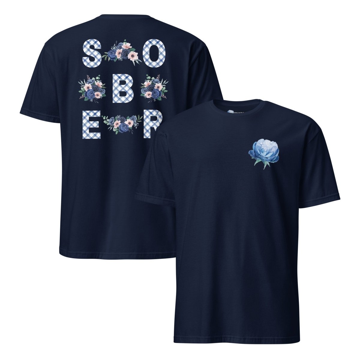 SOBER - Blue Gingham Floral Print Essential T-Shirt with Rose Detail - Casual Summer Outfit for Women