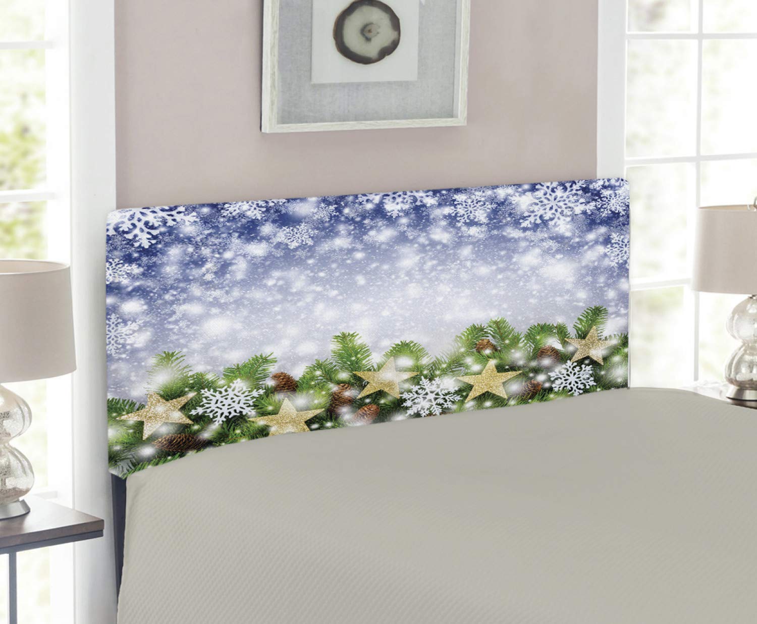 Ambesonne Christmas Headboard - Snowy Winter Scene with Falling Snowflakes, Bokeh Lights, Fir Twigs, Pinecones & Stars - Upholstered Decorative Metal Bed Frame with Memory Foam - Twin Size Multicolor - Perfect for Holiday Bedroom Decor & Seasonal Home Styling