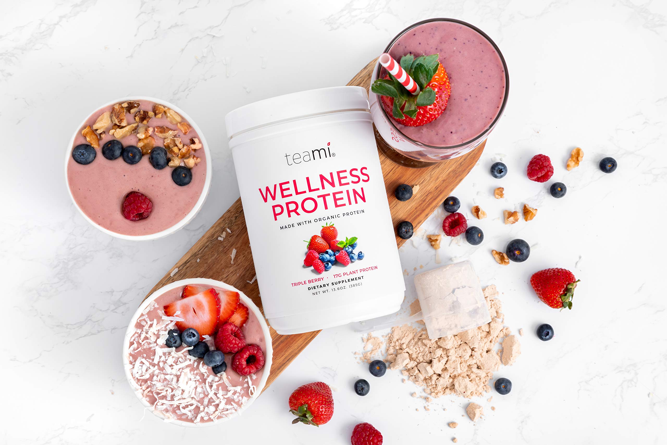 Teami Vegan Protein Powder - Organic Plant Based Pea Protein Powder | Low Carb, Non-GMO, Dairy Free, Soy Free, No Sugar Added | Triple Berry Flavor (14 Servings, 13.6 oz) for Smoothies, Baking & Post-Workout Recovery