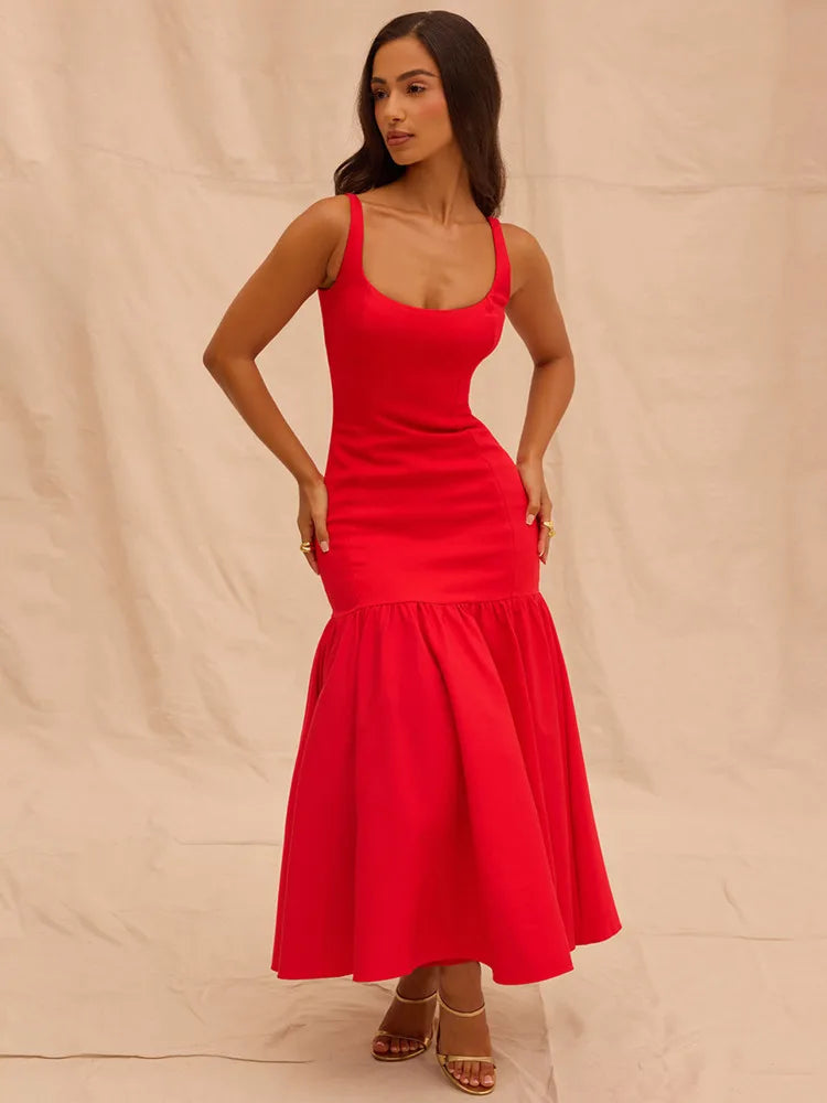 Elegant Backless Maxi Fishtail Dress for Women - Square Collar Sleeveless Loose Pleated Long Gown | Perfect for Evening Parties, Weddings & Special Occasions