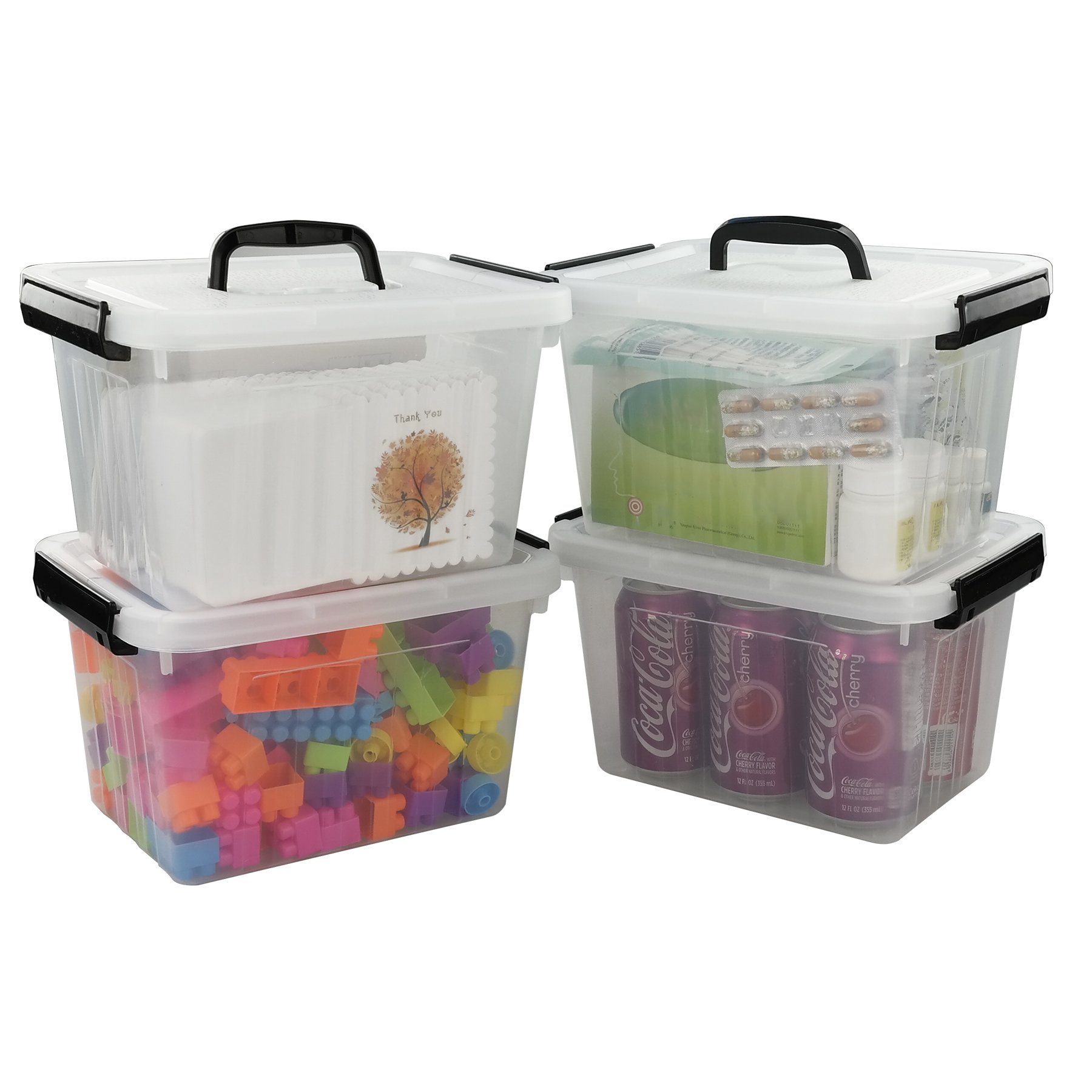 Kekow 6 Liter Clear Plastic Storage Box with Black Handles - Set of 4 Latch Containers for Home Organization, Kitchen Pantry, Office Supplies & Toy Storage