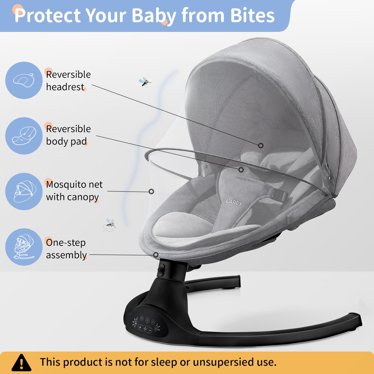 LAREX Baby Swing Electric Rocker for Newborns 0-6 Months - Portable Infant Swing with 5 Speed Settings, Remote Control & Bluetooth - 10 Soothing Melodies for Baby Boy & Girl (Max 20 lbs, Black) - Perfect for Nursery, Bedroom or Travel