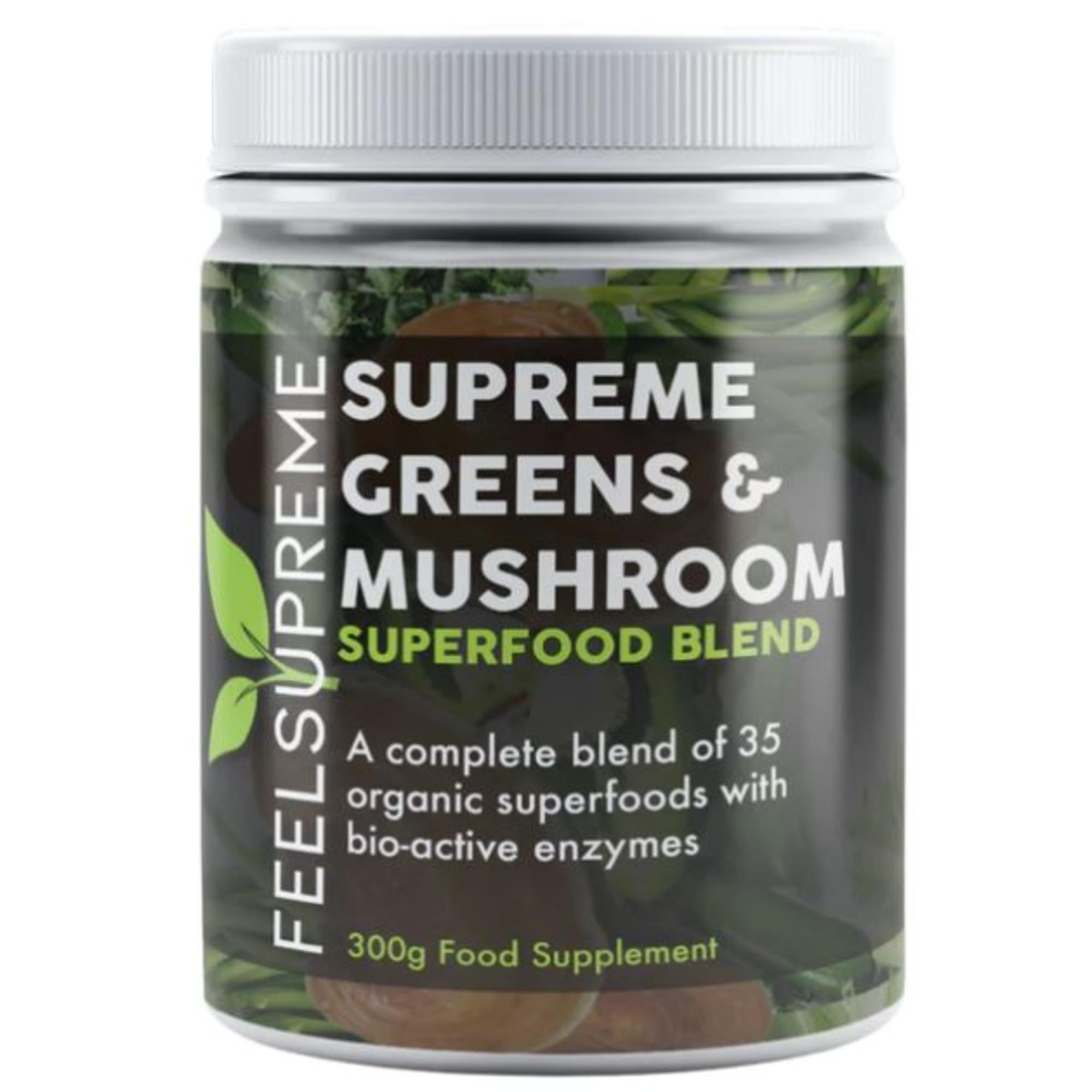 Feel Supreme - Organic Super Greens & Mushroom Powder with 35 Superfoods - High in Fiber, Protein, Vitamin C & Spirulina - No Added Sugar - 300g Greens Supplement for Energy, Detox & Immune Support - Perfect for Smoothies, Juices & Wellness Routines