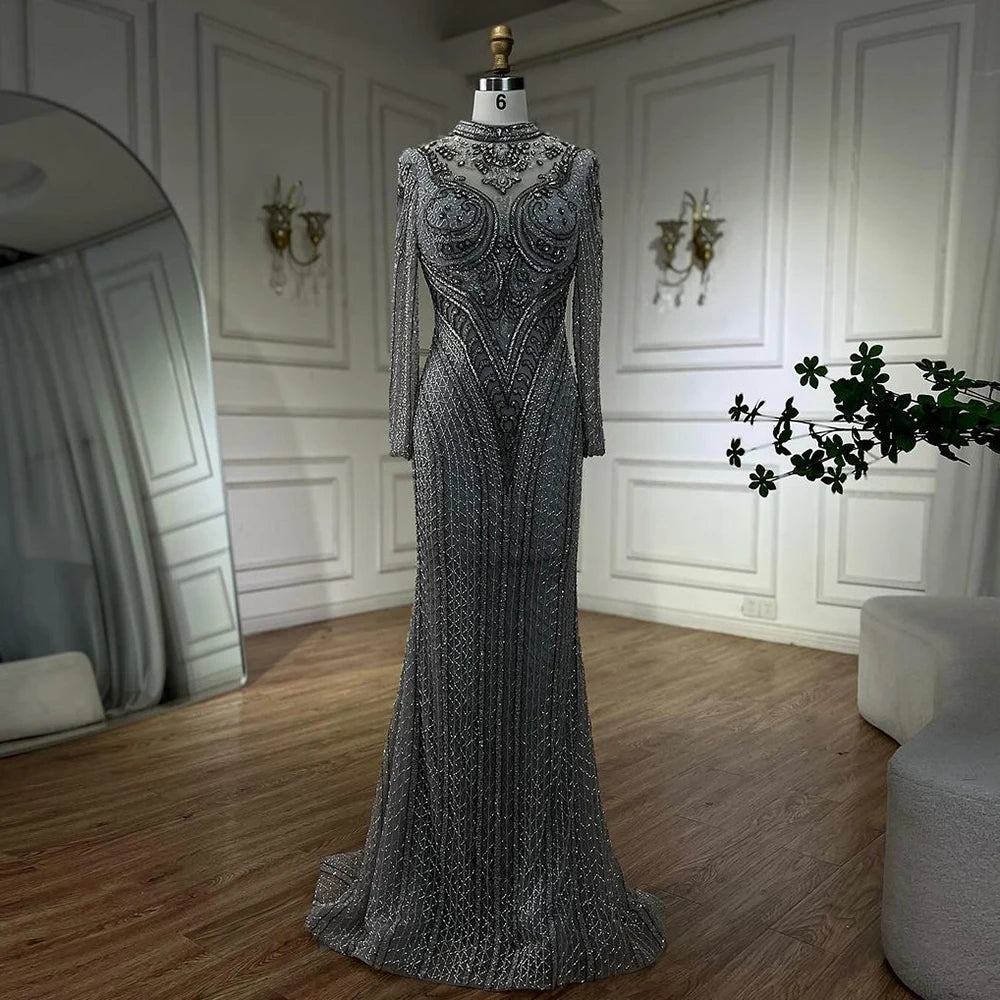 Elegant Dubai Gray Mermaid Evening Dress with Lace & Crystal Beads - Luxury Women's Gown for Wedding, Party & Special Occasions 2025 | LA72516 | Perfect for Prom, Red Carpet & Formal Events