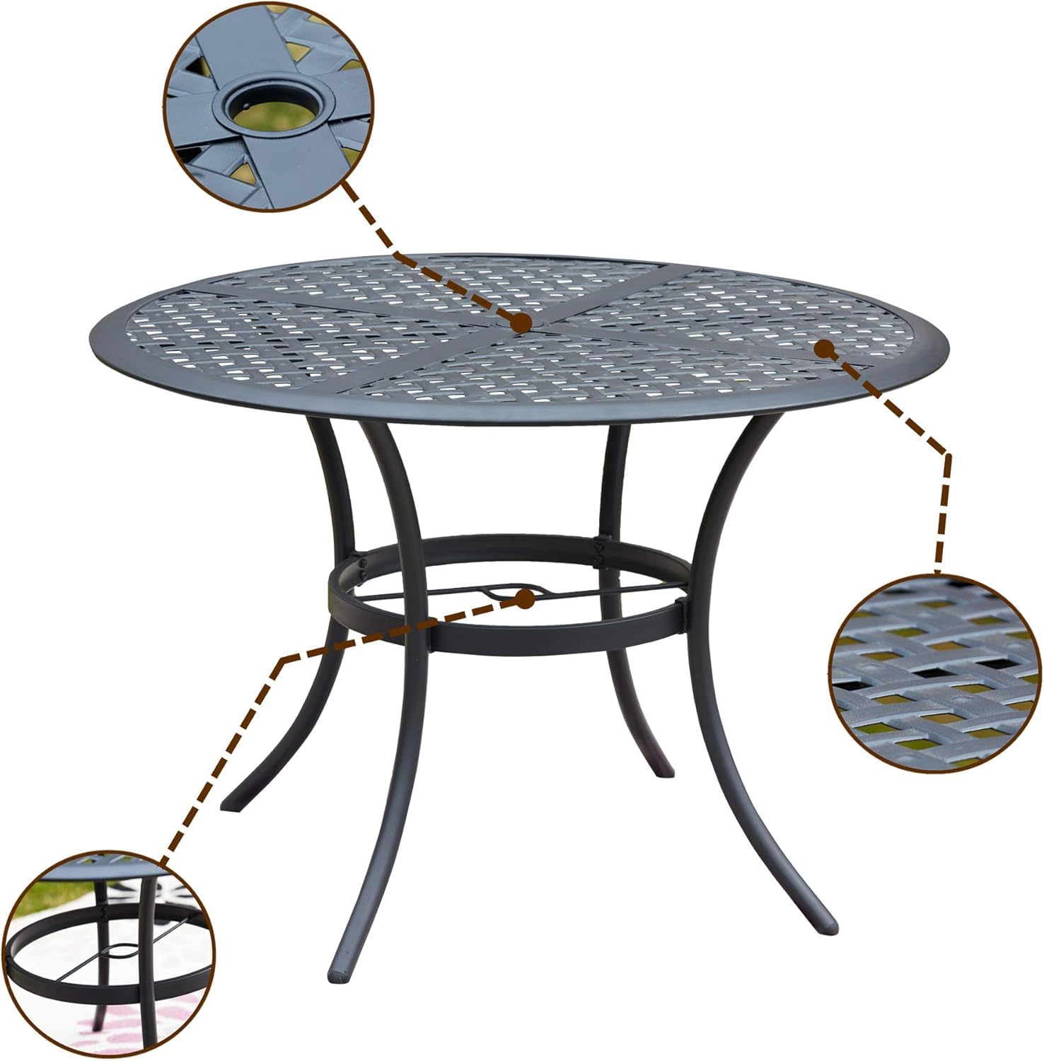 LOKATSE HOME 42.1 Inch Round Outdoor Patio Dining Table with Umbrella Hole - Weather-Resistant Steel Frame Metal Table for Garden, Backyard, Lawn, Balcony, Deck - Perfect for Outdoor Entertaining & Family Gatherings (Black)
