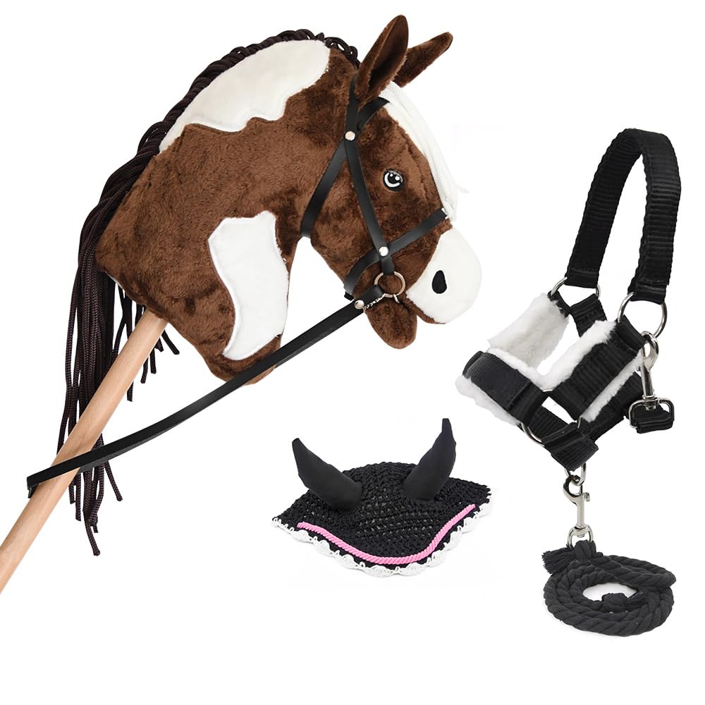 Mustang Stick Horse with Black Halter, Lunge Line & Rose Trim Bonnet - Realistic Hobby Horse Toy for Kids Pretend Play, Birthday Gifts, and Equestrian Training
