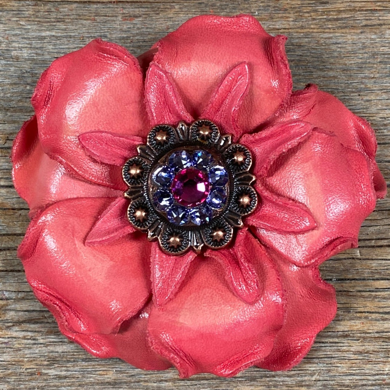 Pink Gardenia Leather Flower with Crystal Conchos - Handmade Floral Hair Clip, Headband & Brooch for Weddings, Parties & Boho Fashion Accessories