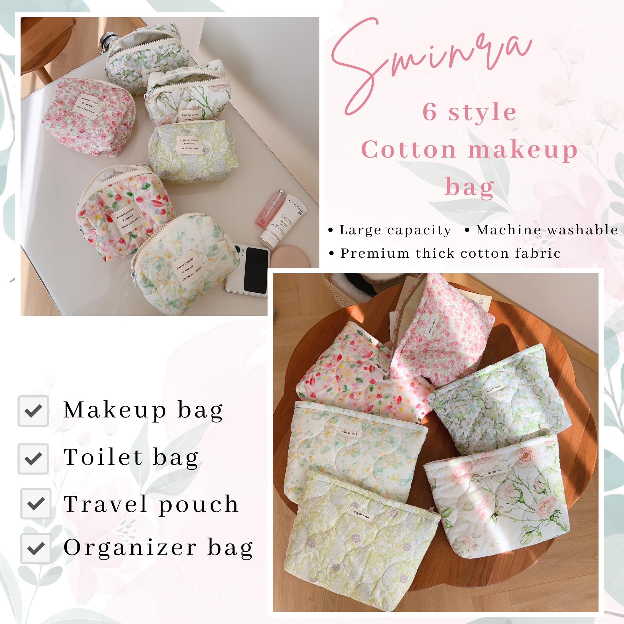 Floral Makeup Bag Small Travel Cosmetic Organizer - Cute Quilted Cotton Zipper Pouch for Toiletries & Accessories | Perfect for Travel, Gym, and Everyday Use