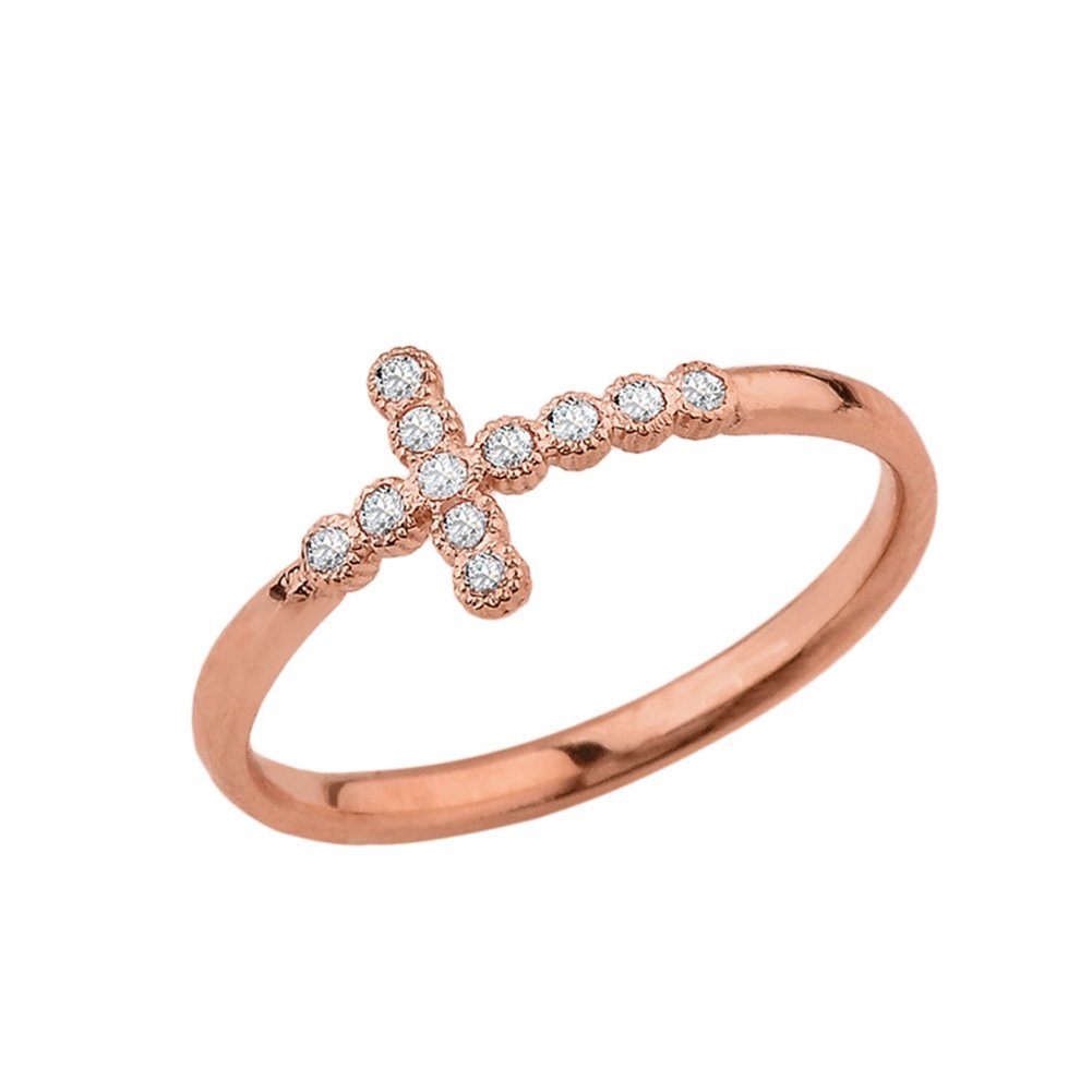 14K Rose Gold Modern CZ Sideways Cross Ring for Women - Elegant Cubic Zirconia Jewelry Gift for Birthday, Anniversary & Special Occasions