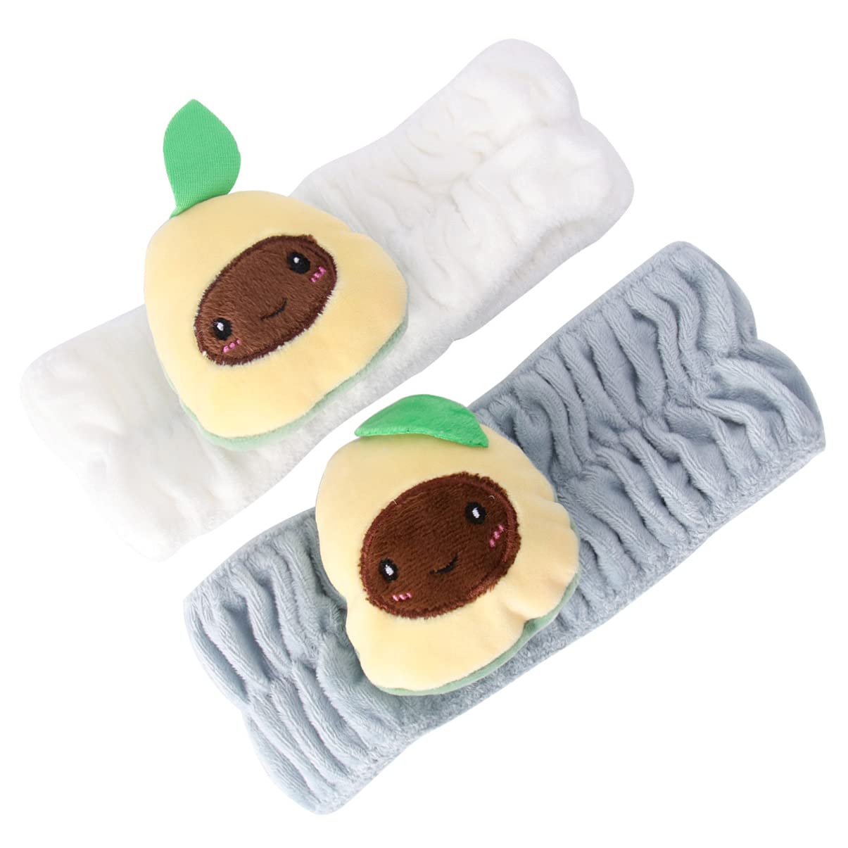 HEALLILY 2-Pack Stretchy Avocado Cartoon Face Washing Headband - Soft Makeup & Hair Wrap for Women (White & Grey) - Perfect for Skincare Routine, Spa Days & Makeup Application