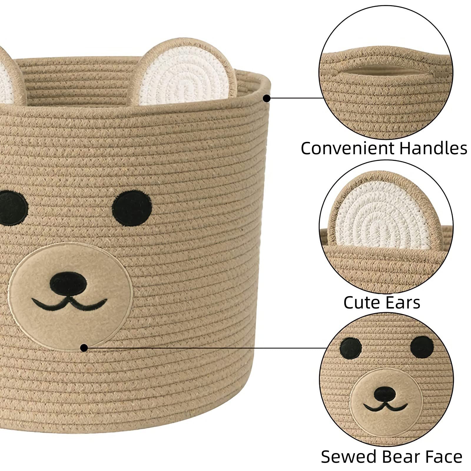 Bear Laundry Basket with Handles - Large Woven Storage Hamper for Clothes, Toys, Blankets & Pillows | Decorative Khaki Organizer for Living Room, Bedroom & Nursery | Perfect for Laundry, Toy Storage & Home Organization