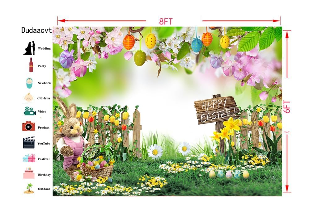 8x6ft Easter Spring Backdrop for Photography - Dudaacvt Easter Party Banner Decor, Perfect for Easter Photo Shoots, Spring Celebrations & Holiday Events