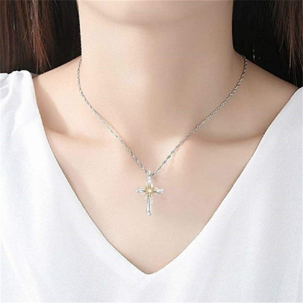 Simulated S925 Sterling Silver CZ Octagon Cross Pendant Necklace - Two-Tone Fashion Jewelry with Cubic Zirconia for Women | Perfect for Engagement, Anniversary & Everyday Wear