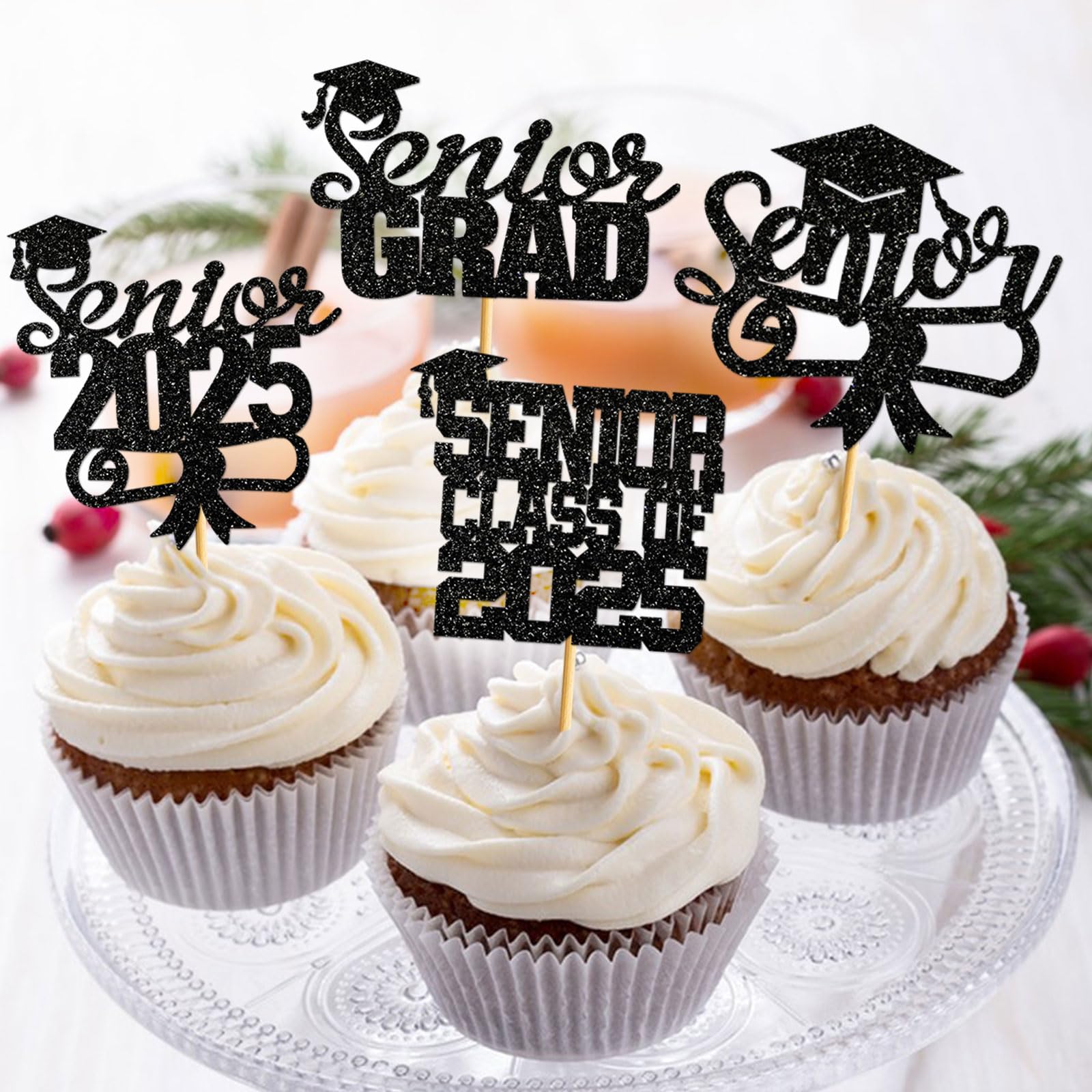 40Pcs Graduation Cupcake Toppers 2025 - Black Glitter Senior Class of 2025 Cupcake Decorations with Diploma & Grad Cap Picks - Perfect for High School Graduation Party Supplies, College Graduation Celebrations & Commencement Dessert Decor