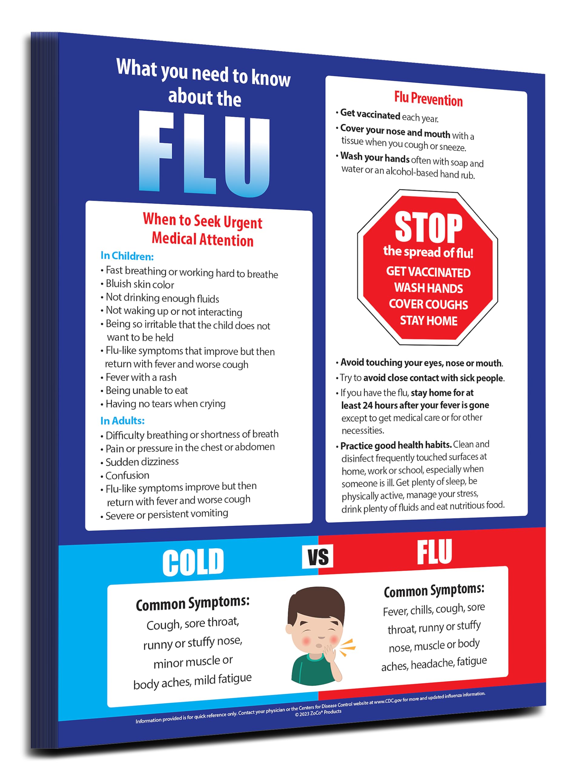 20 Pack Flu Prevention Posters - Flu vs Cold Symptoms Chart - Laminated School Nurse Office Decor - Public Health Education Posters 17 x 22 Inches - Perfect for Classrooms, Hospitals & Workplace Health Awareness